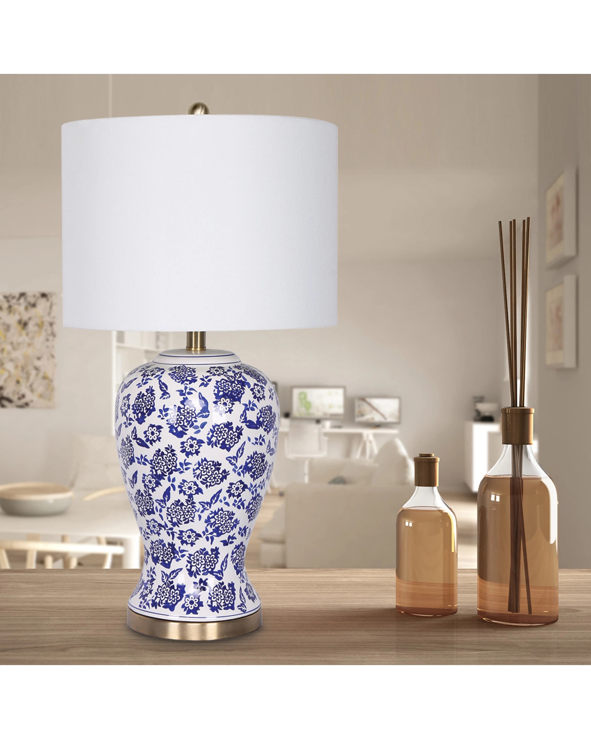 7 Sarantino Hand-Painted Floral Ceramic Table Lamp with Cotton Drum Shade - White, 7 of 8