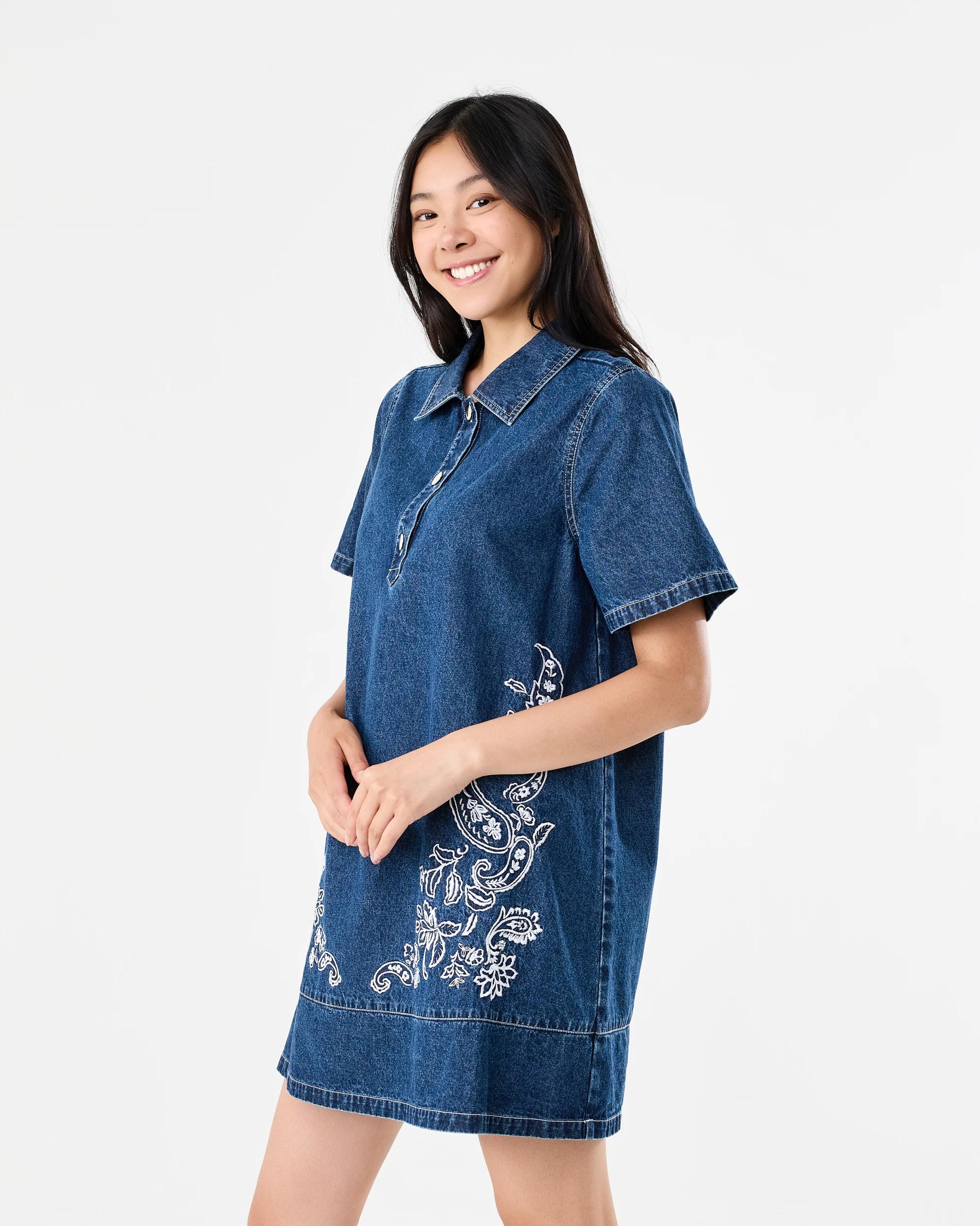 2 Short Sleeve Embroidered Denim Shirt Mini Dress Dark Wash, 2 of 8