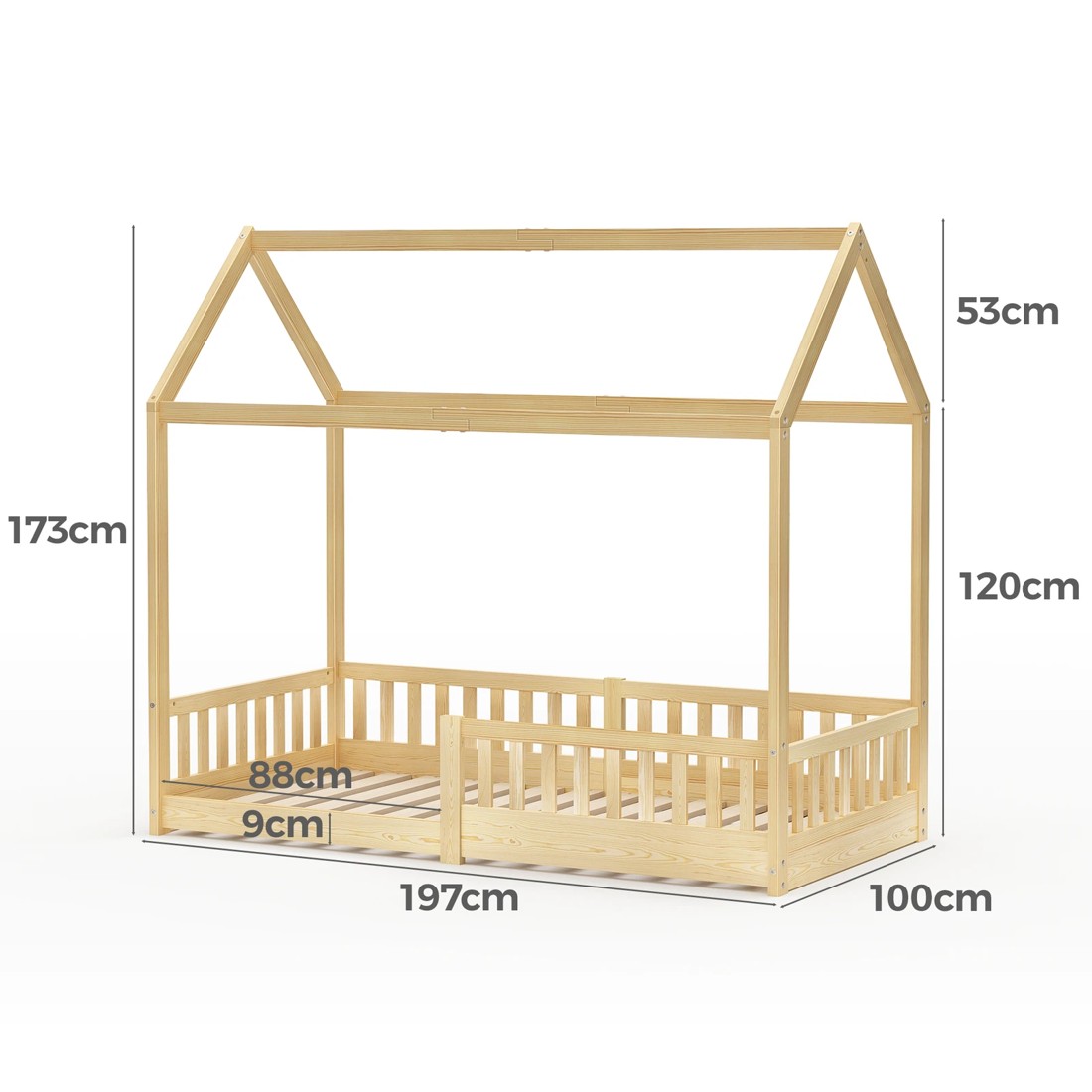 6 Alfordson Kids Bed Frame Wooden Timber Single House Frame Platform Base - Natural, 6 of 10