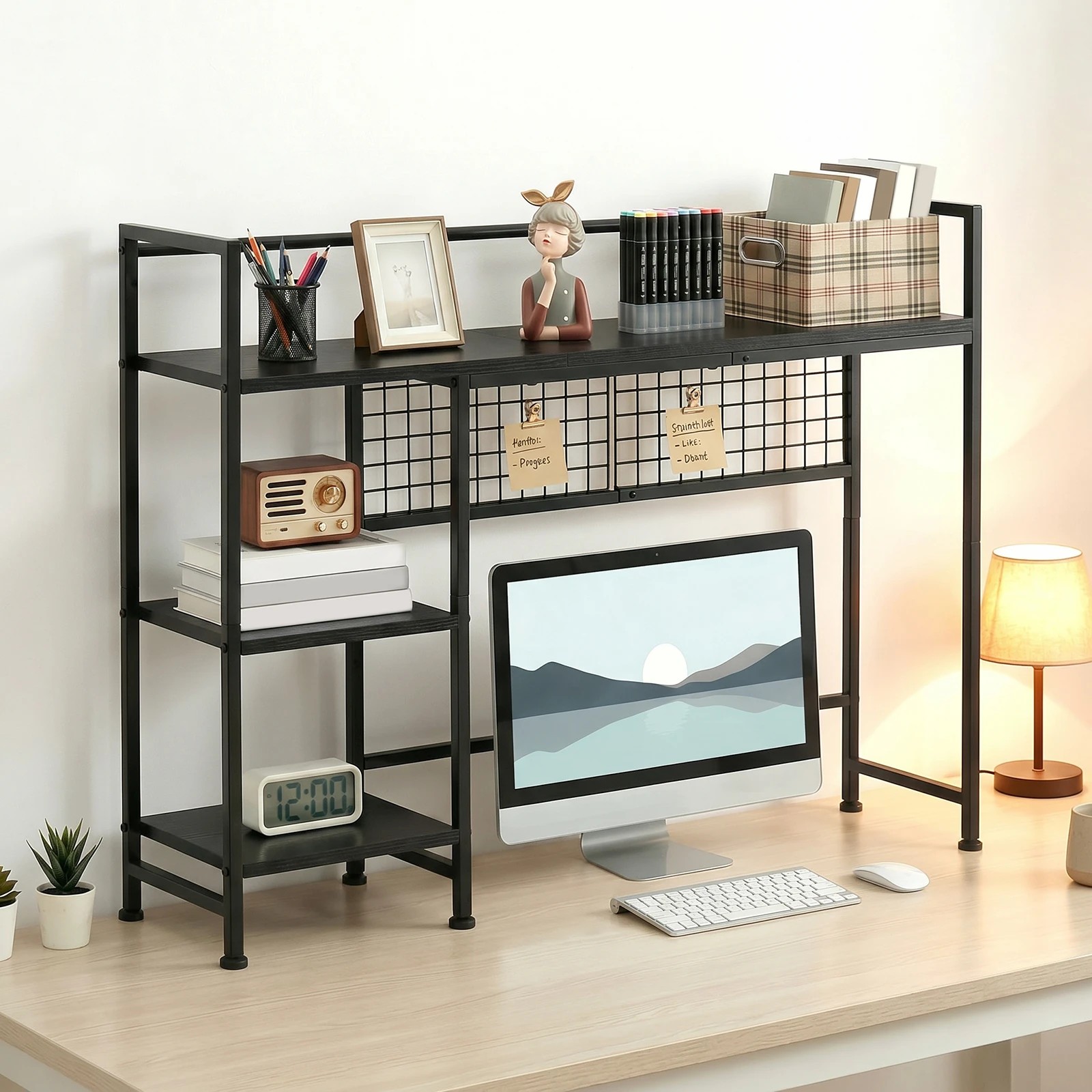 4 Advwin Desktop Organizer Shelf  Desktop Display Rack with Open shelves & 5 Hooks Desk Hutch for Computer Desk - Black, 4 of 7