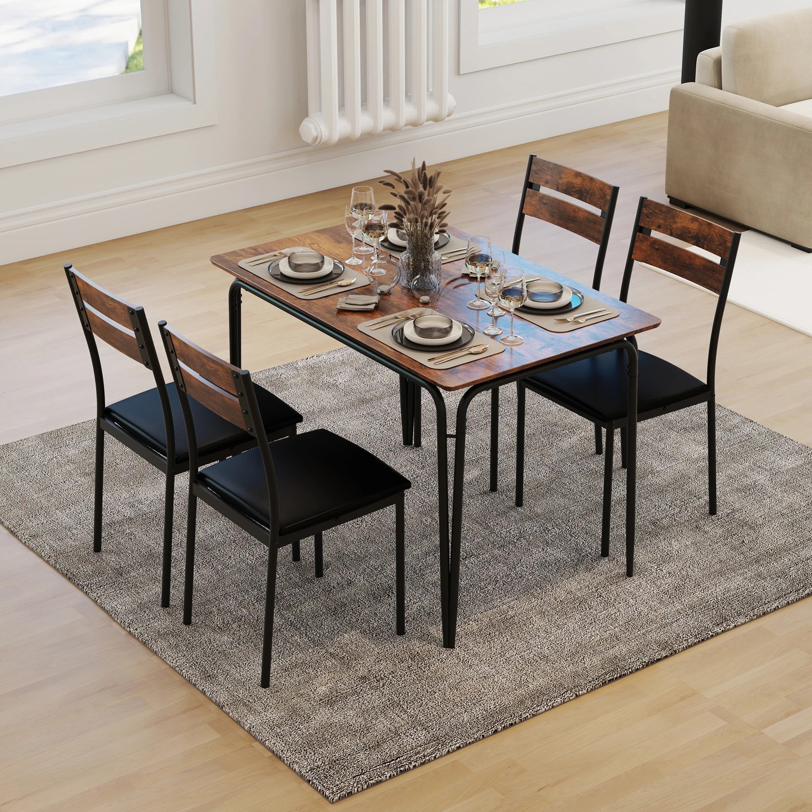 3 Costway 5pcs Dining Table Set Industrial Kitchen Table 4 Ergonomic Back Armless Chairs - Brown, 3 of 4