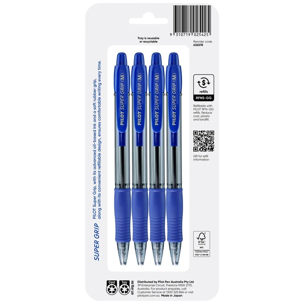 2 PILOT SuperGrip Retractable Ballpoint Medium 1mm Blue 4 Pack, 2 of 8