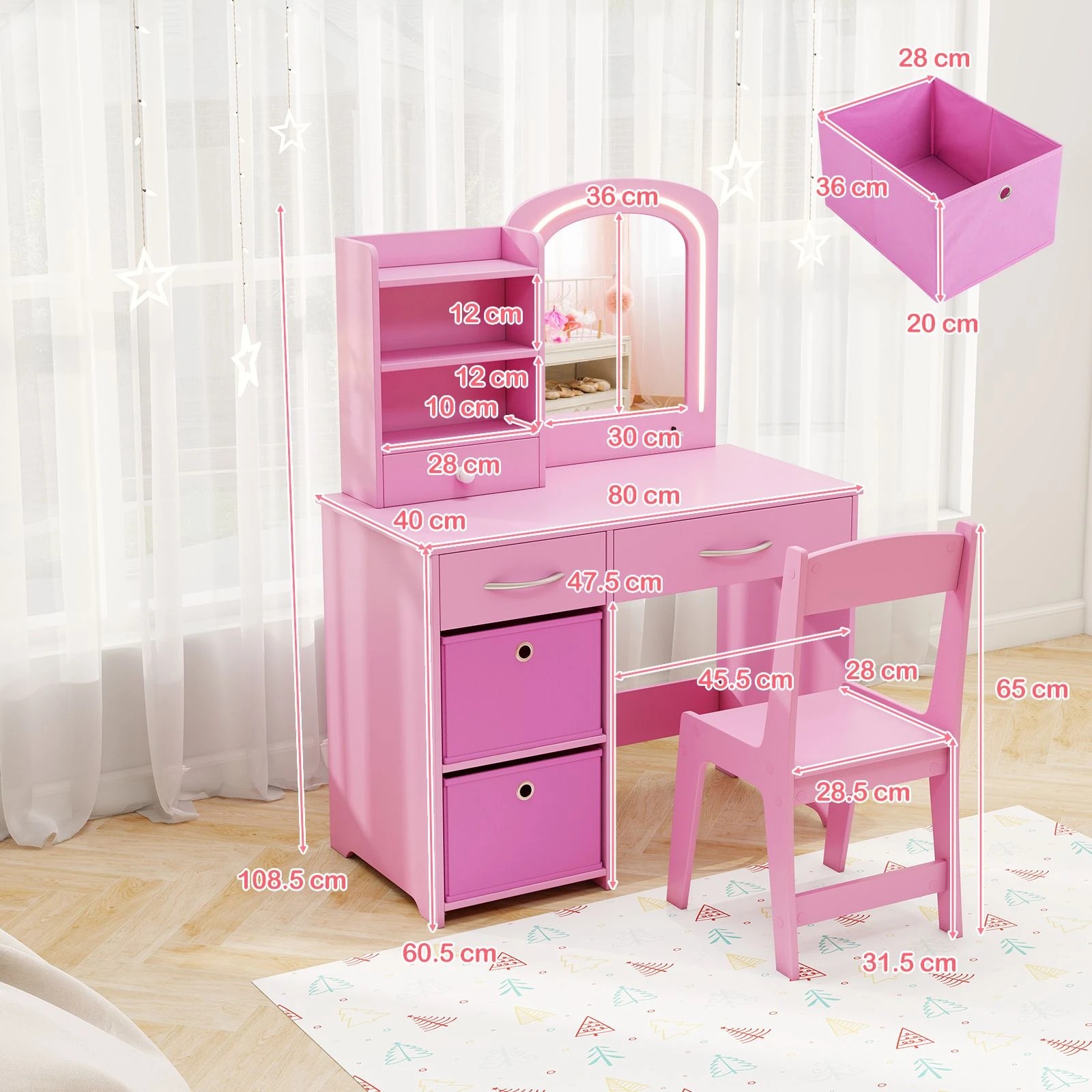 2 Costway Vanity Set Princess Makeup Table & Chair w/Drawers, 2 of 3