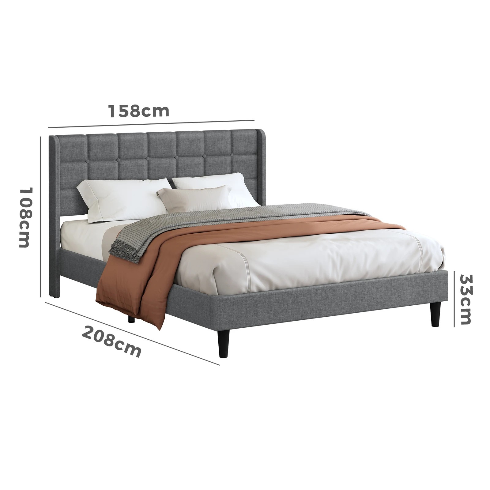 10 Alfordson Bed Frame Queen Size Upholstered Wingback Base Fabric Sarah - Grey, 10 of 10