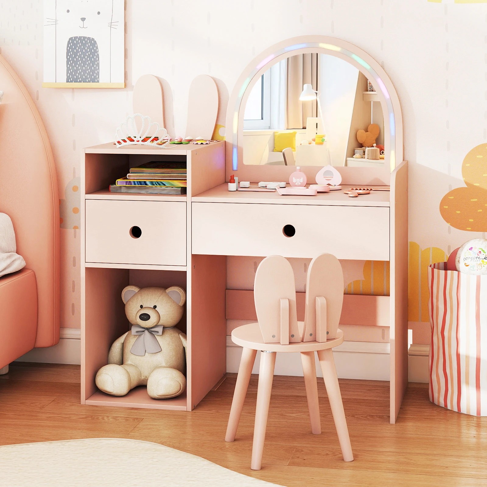 3 Costway Vanity Set w/Lighted Mirror Shelf & Drawers Princess Makeup Table & Chair Set - Pink, 3 of 3