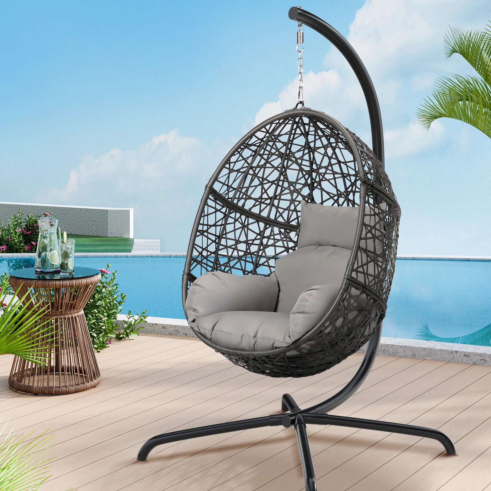 2 Alfordson Outdoor Egg Swing Chair Wicker Rattan Pod Hanging Seat - Light Grey, 2 of 10