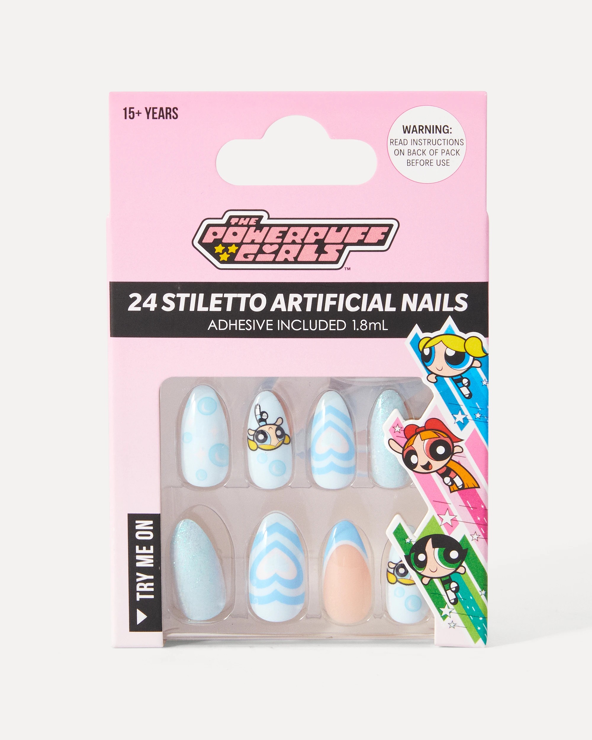 1 The Powerpuff Girls 24 Pack Artificial Nails with Adhesive - Stiletto Shape, Bubbles, 1 of 4