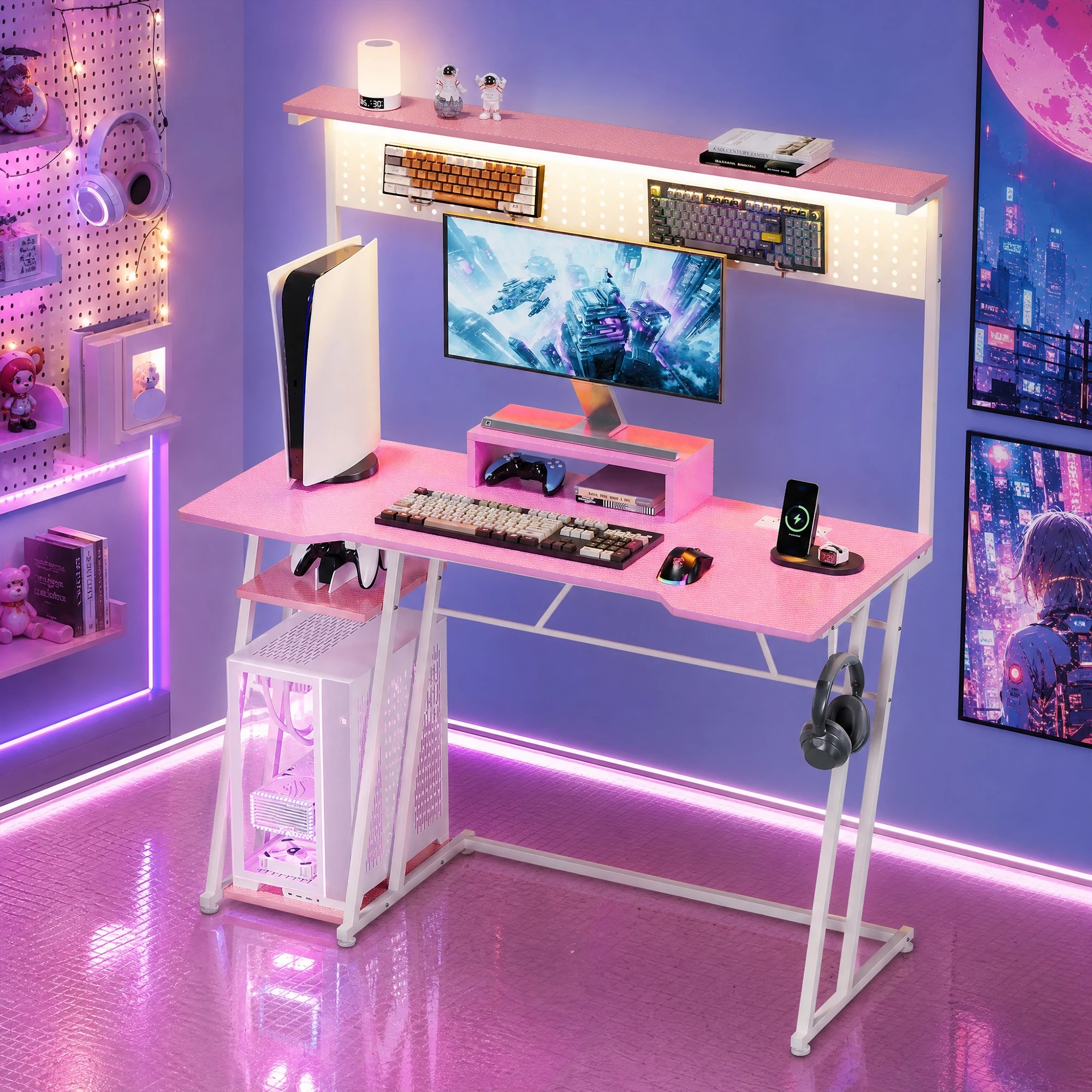 3 Advwin 120cm LED Gaming Desk w/ Power Outlets Reversible Carbon Fiber w/ Shelf hook & Pegboard - Pink, 3 of 8