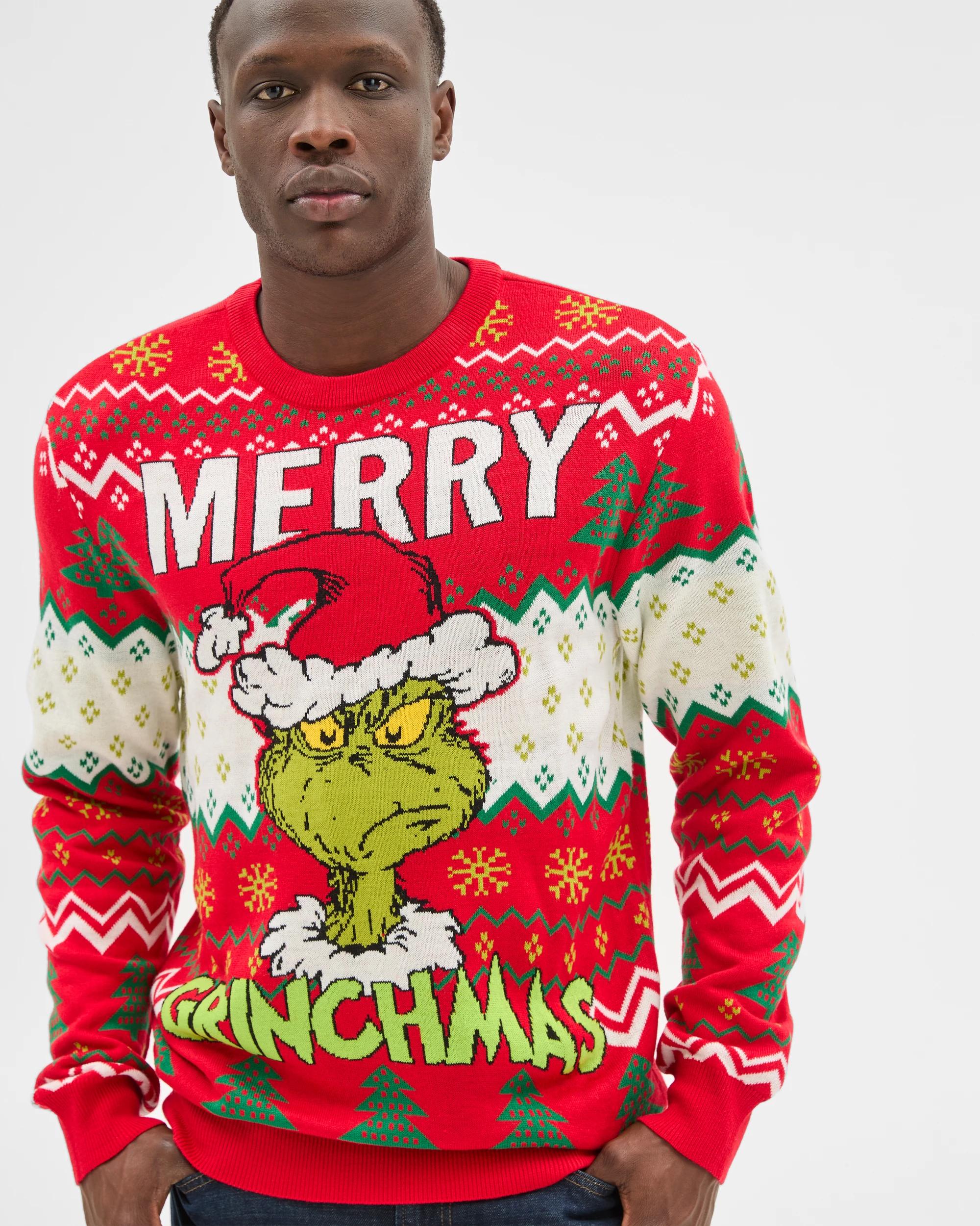 3 Men's Licensed Grinch Christmas Jumper — Red 100% Acrylic Crew Neck RED, 3 of 6