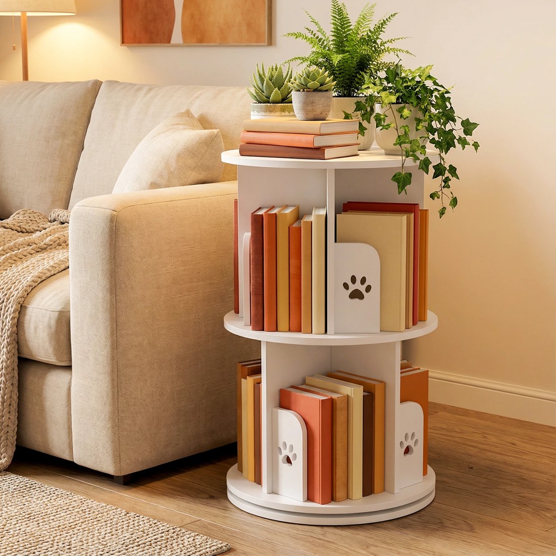 8 Advwin Rotating Bookshelf 2-Tier Wooden Bookcase Small Corner Standing Display Shelf Organizer - White, 8 of 8