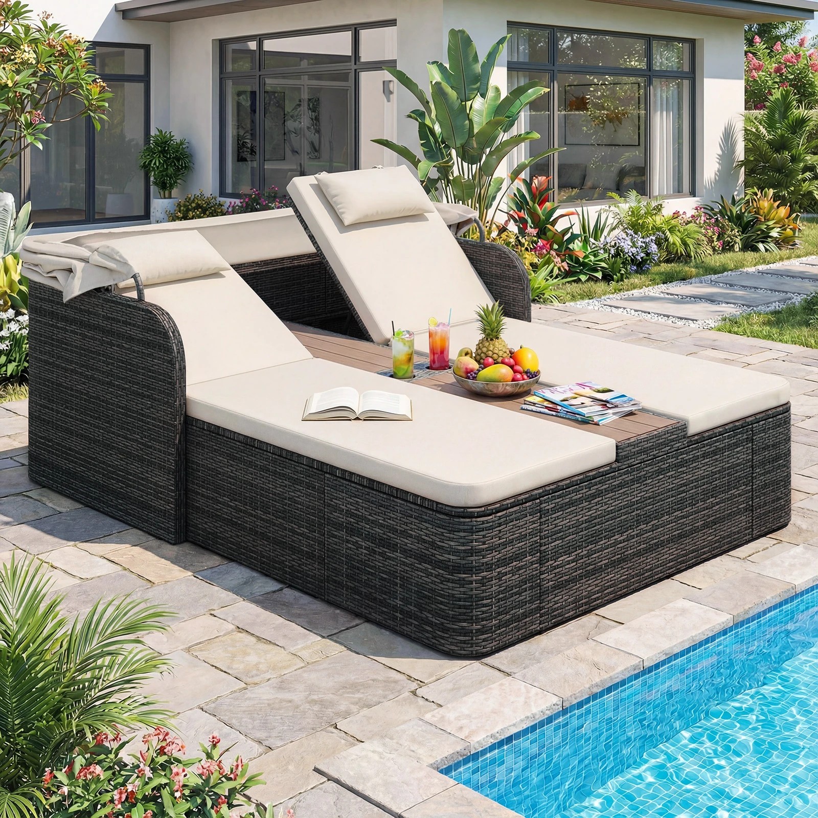 4 Costway Rattan Double Daybed w/Retractable Sunshade Outdoor Chaise Lounge Loveseat, 4 of 5