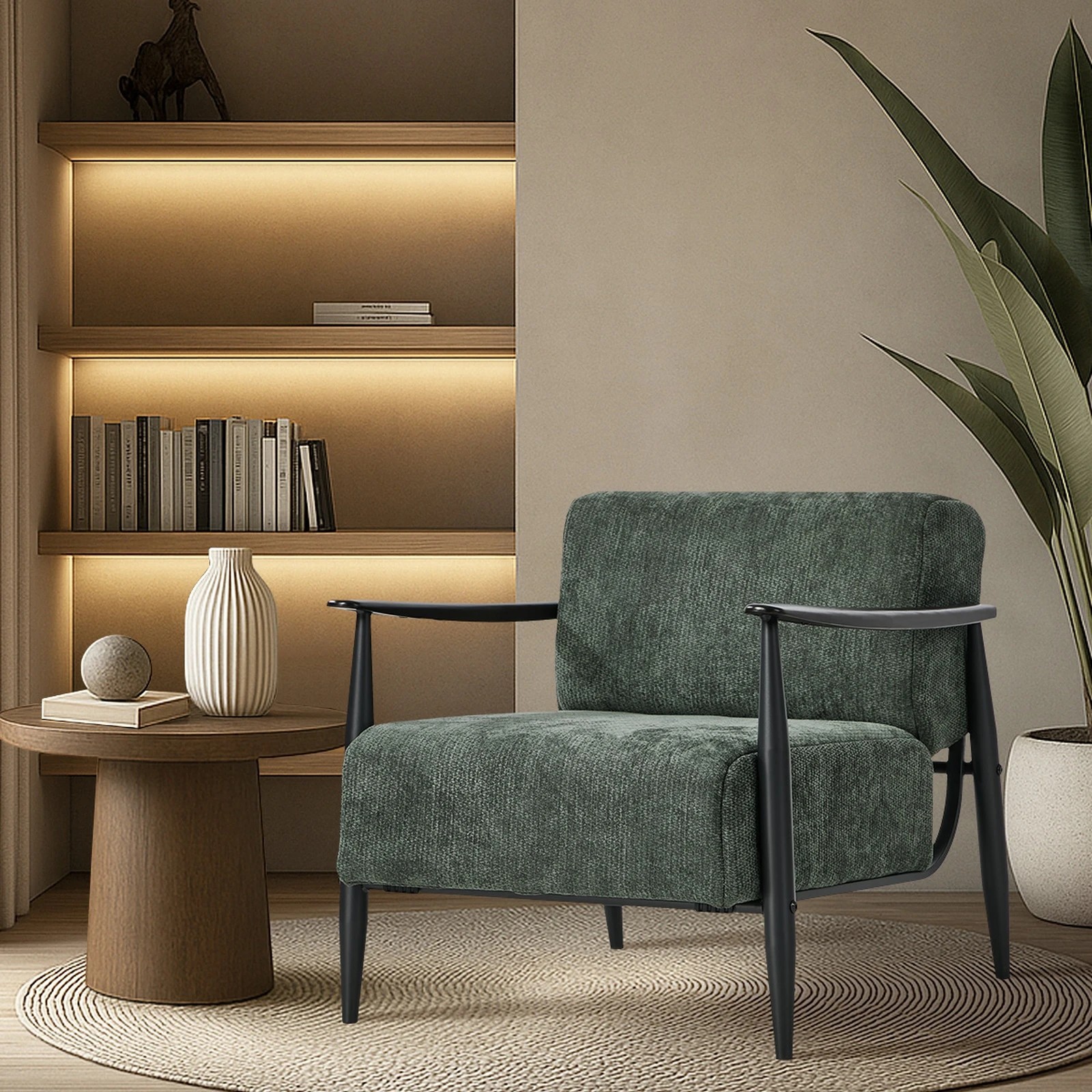 4 Oikiture Wooden Armchair Lounge Sofa Chair Fabric Accent Armchairs - Green, 4 of 10