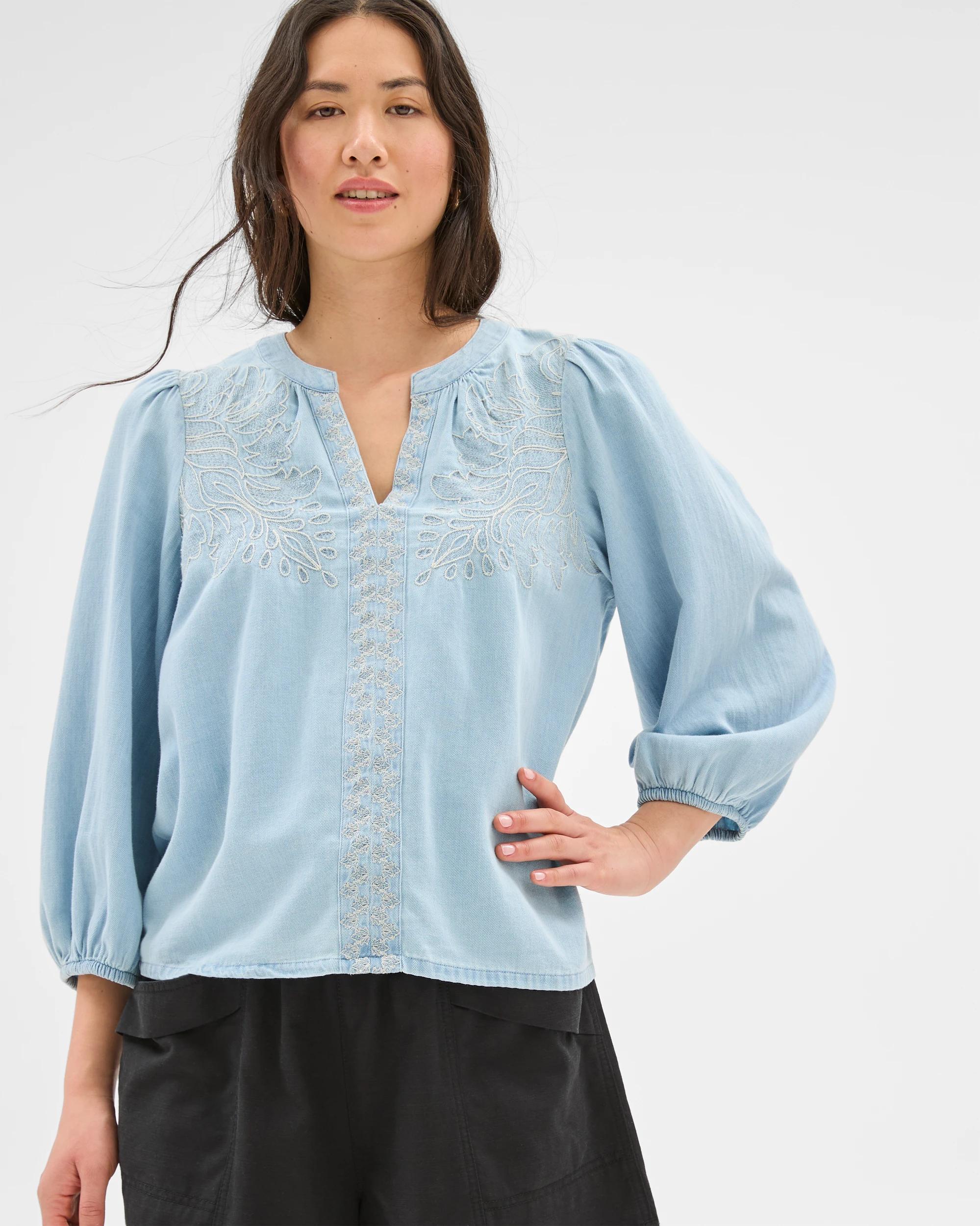 1 Target 3/4 Sleeve Chambray Embroidered Blouse CHAMBRAY, 1 of 7