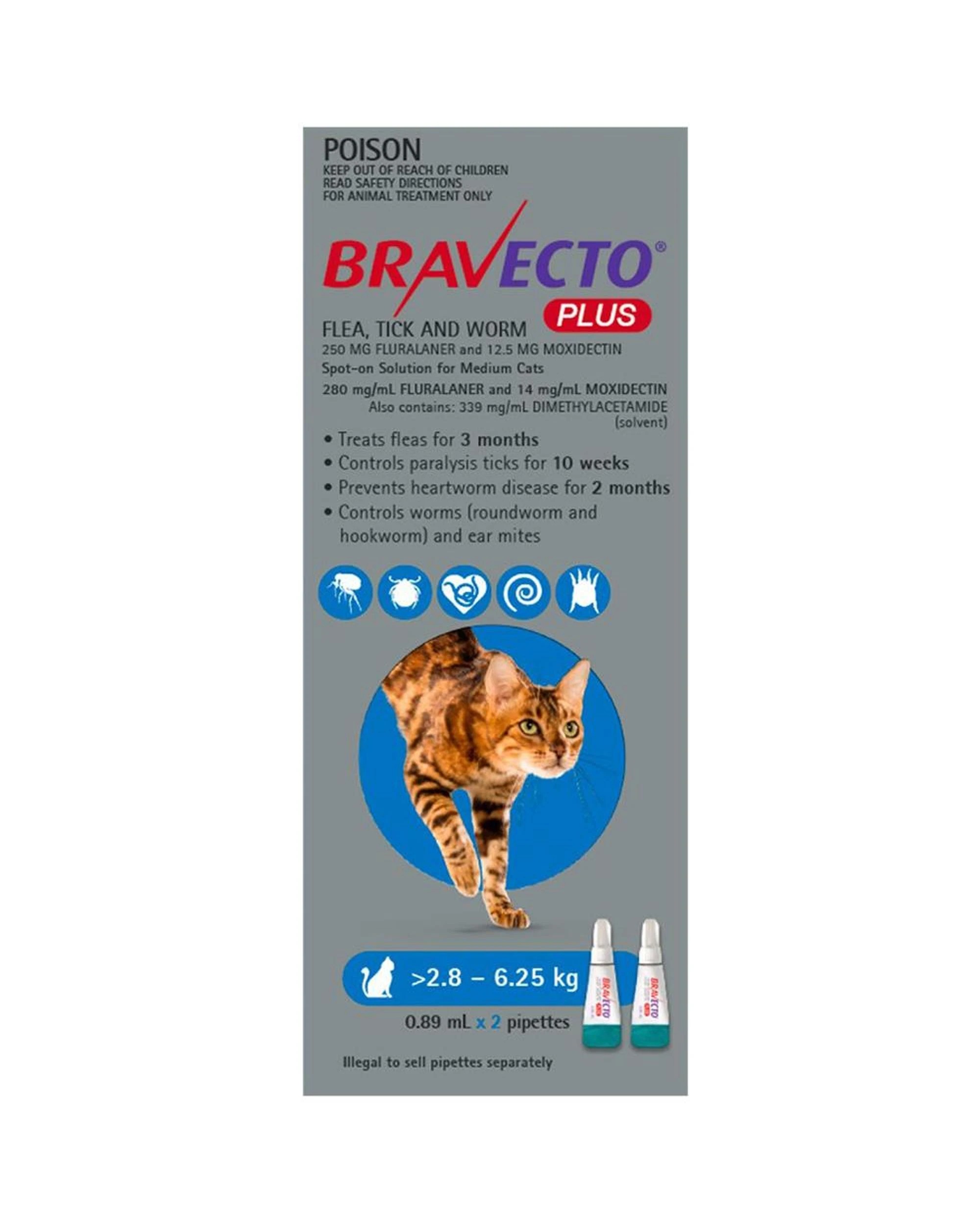 1 Bravecto Plus Spot On For Medium Cats 2.8 - 6.25kg - 2 Pack, 1 of 2