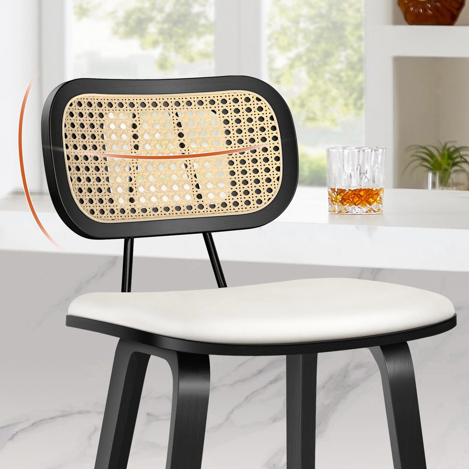 3 Alfordson 2x Bar Stools Kitchen Vintage Leather Seat Rattan Chair - White, 3 of 10