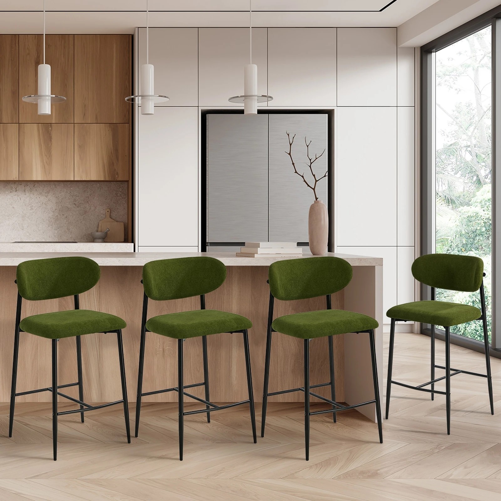 4 Oikiture 4x Bar Stools Kitchen Stool Counter Chair Boucle- Green, 4 of 8