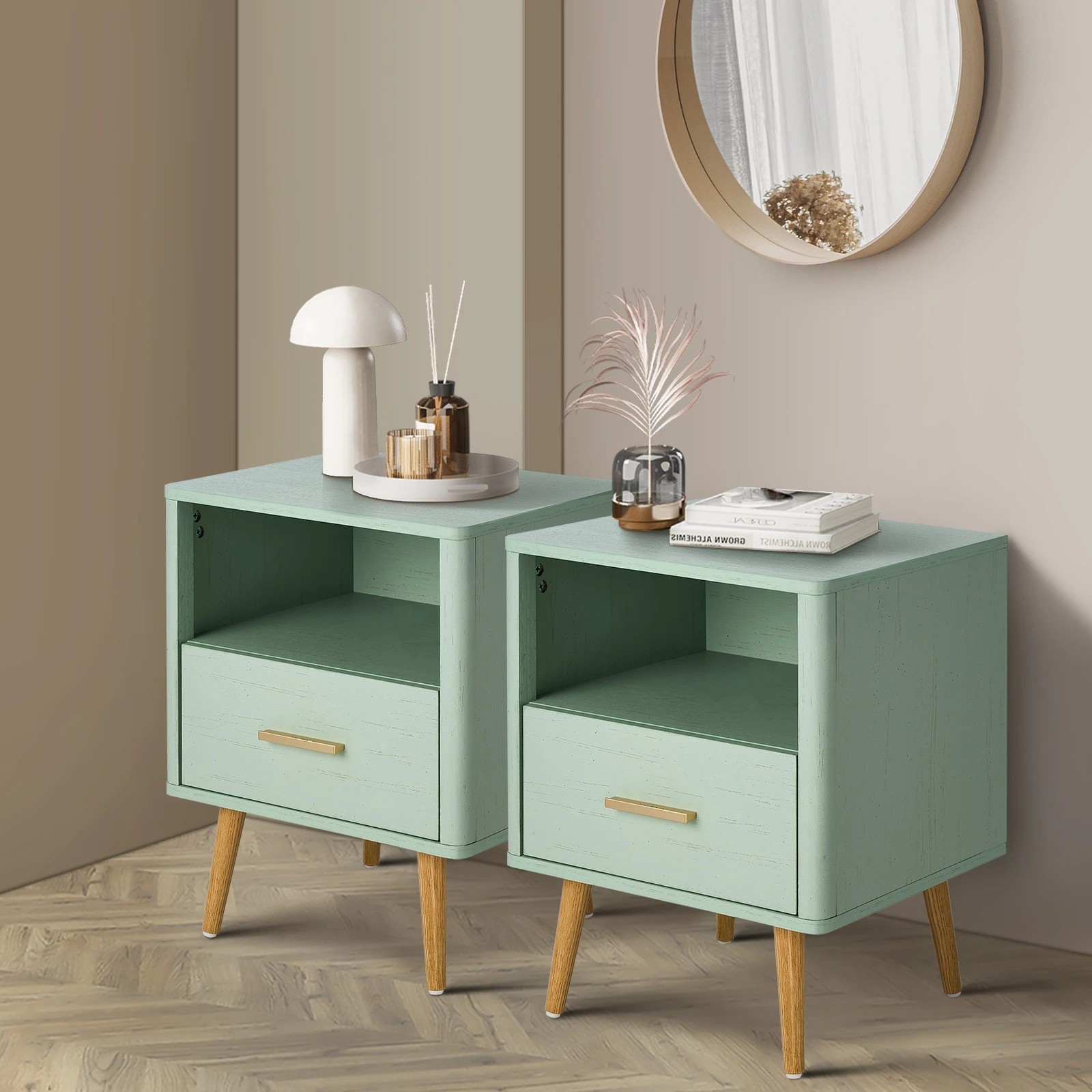 3 Oikiture 2x Bedside Table 1 Drawer Open Shelf Side End Tables Nightstand - Green, 3 of 9
