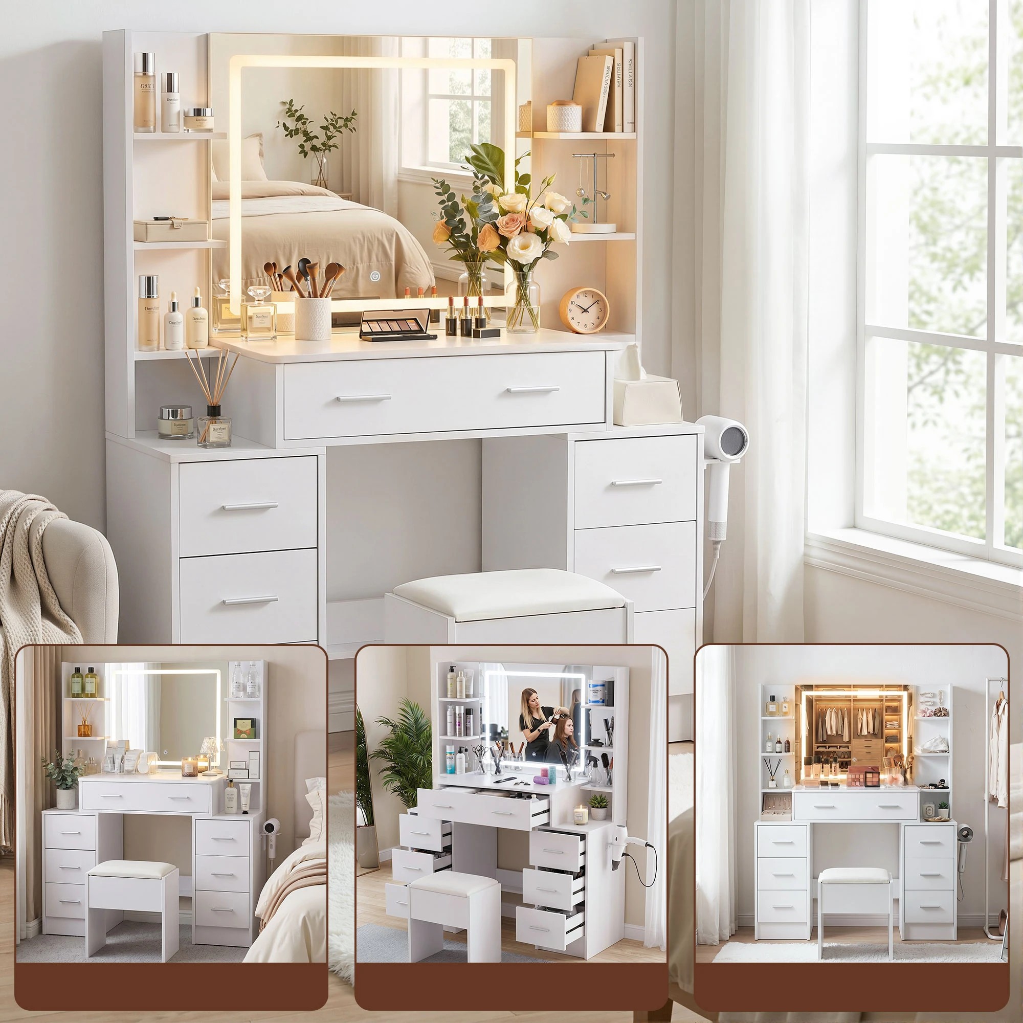 7 Artiss Dressing Table LED Vanity Desk Set Stool Charging Station Mirror - White, 7 of 8