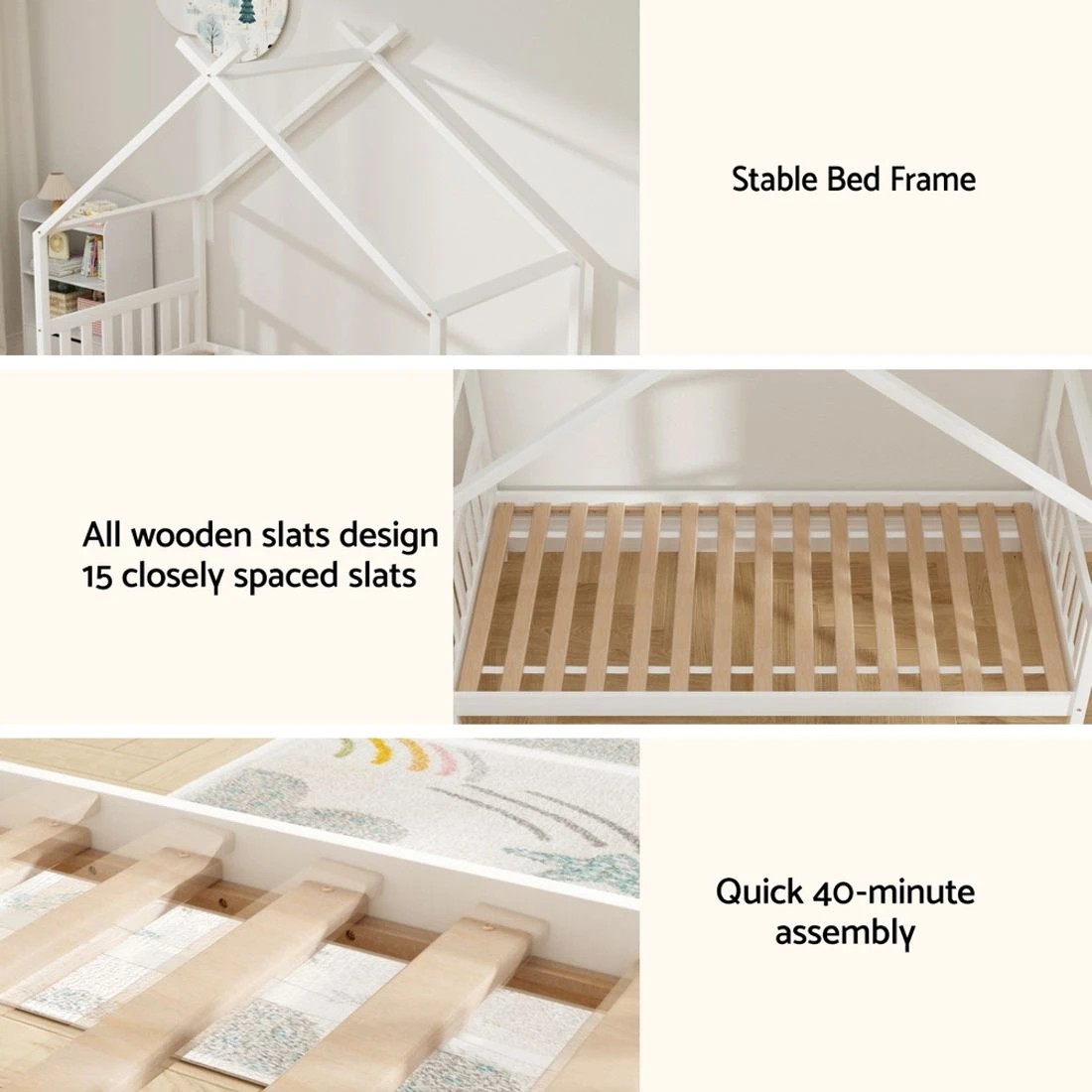 4 Artiss Bed Frame Wooden Base Kids Single Timber House Beds - White, 4 of 10
