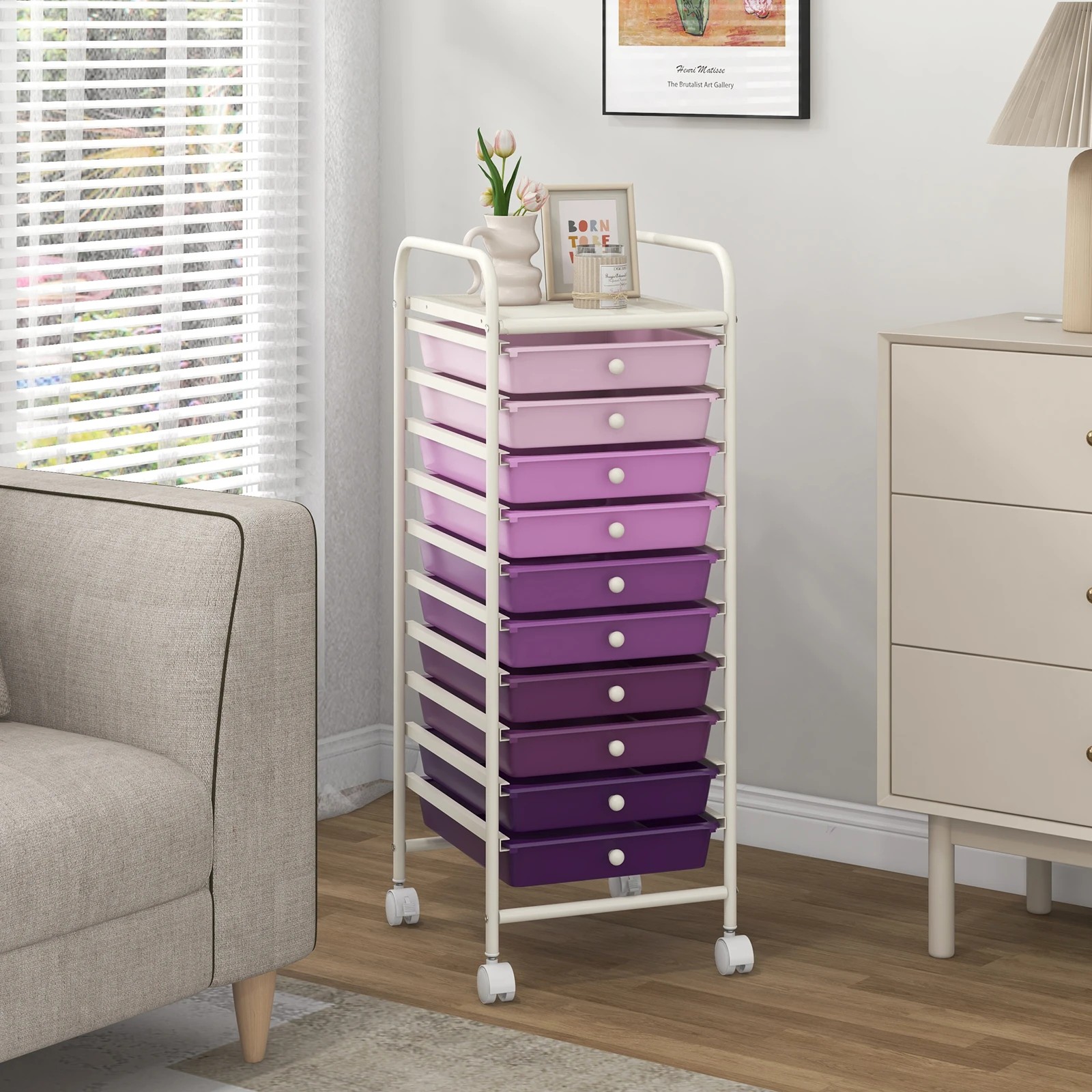 4 Costway 10 Drawers Rolling Storage Cart Mobile Utility Trolley - Purple, 4 of 5