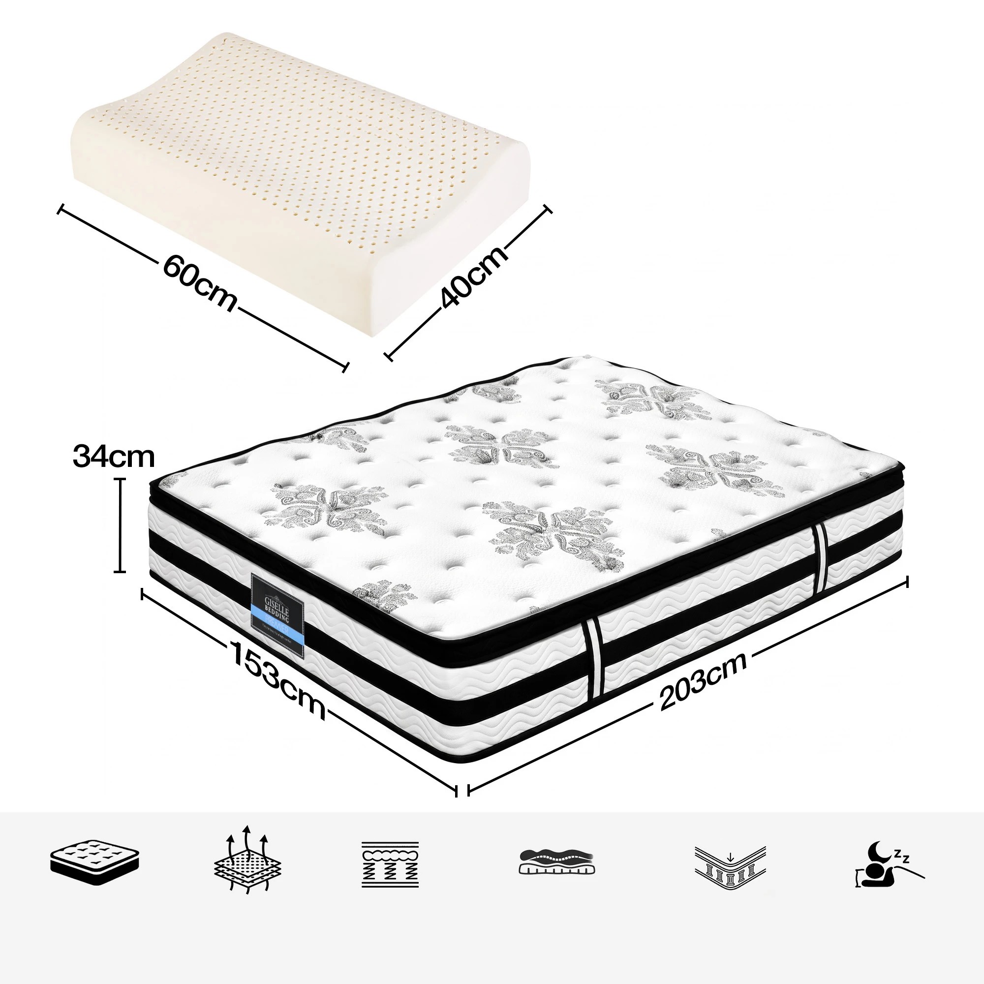 2 Giselle Bedding 34cm 5-Zone Euro Top Pocket Spring Mattress with 2 Latex Contour Pillows - Queen Bed - Multi, 2 of 10