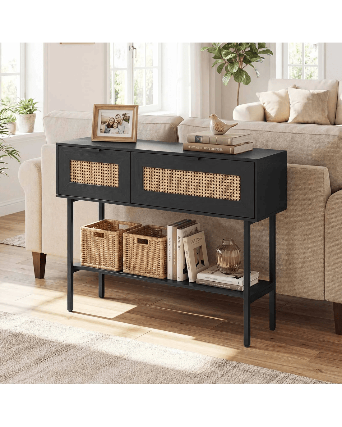 Costway Rattan Console Table w/Flip Doors Boho Sofa Side Table - Black ...