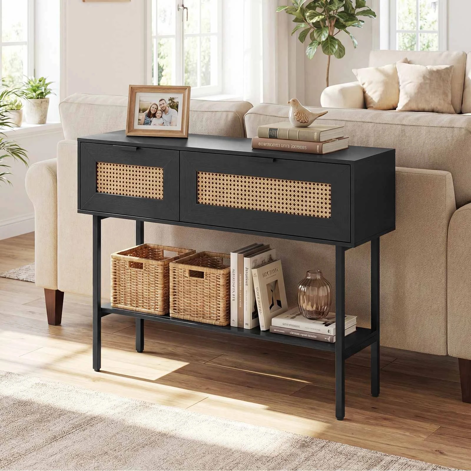 Costway Rattan Console Table w/Flip Doors Boho Sofa Side Table - Black ...