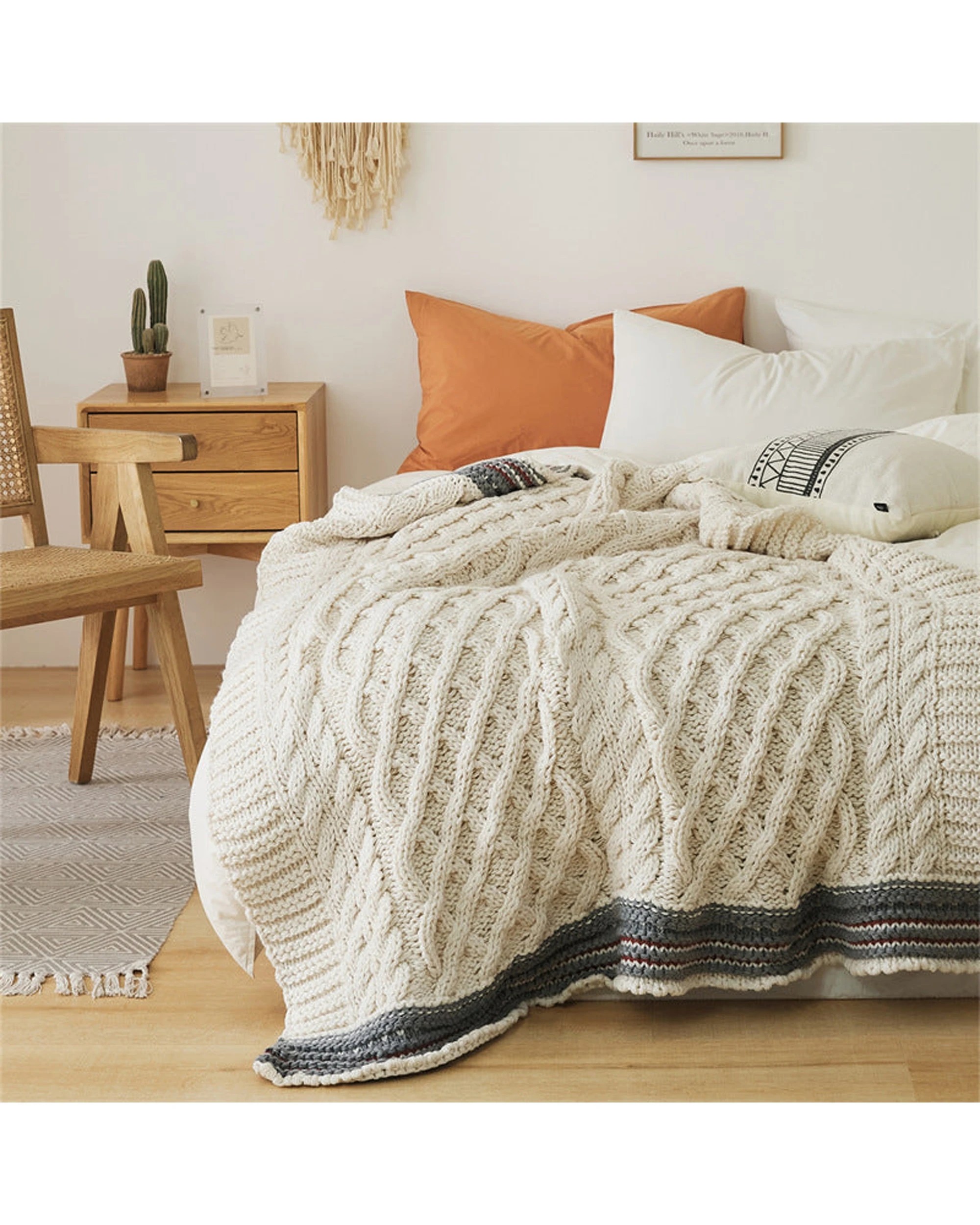 3 Cotton More Cable Knit Blanket Striped Border 130x160cm - Beige, 3 of 6