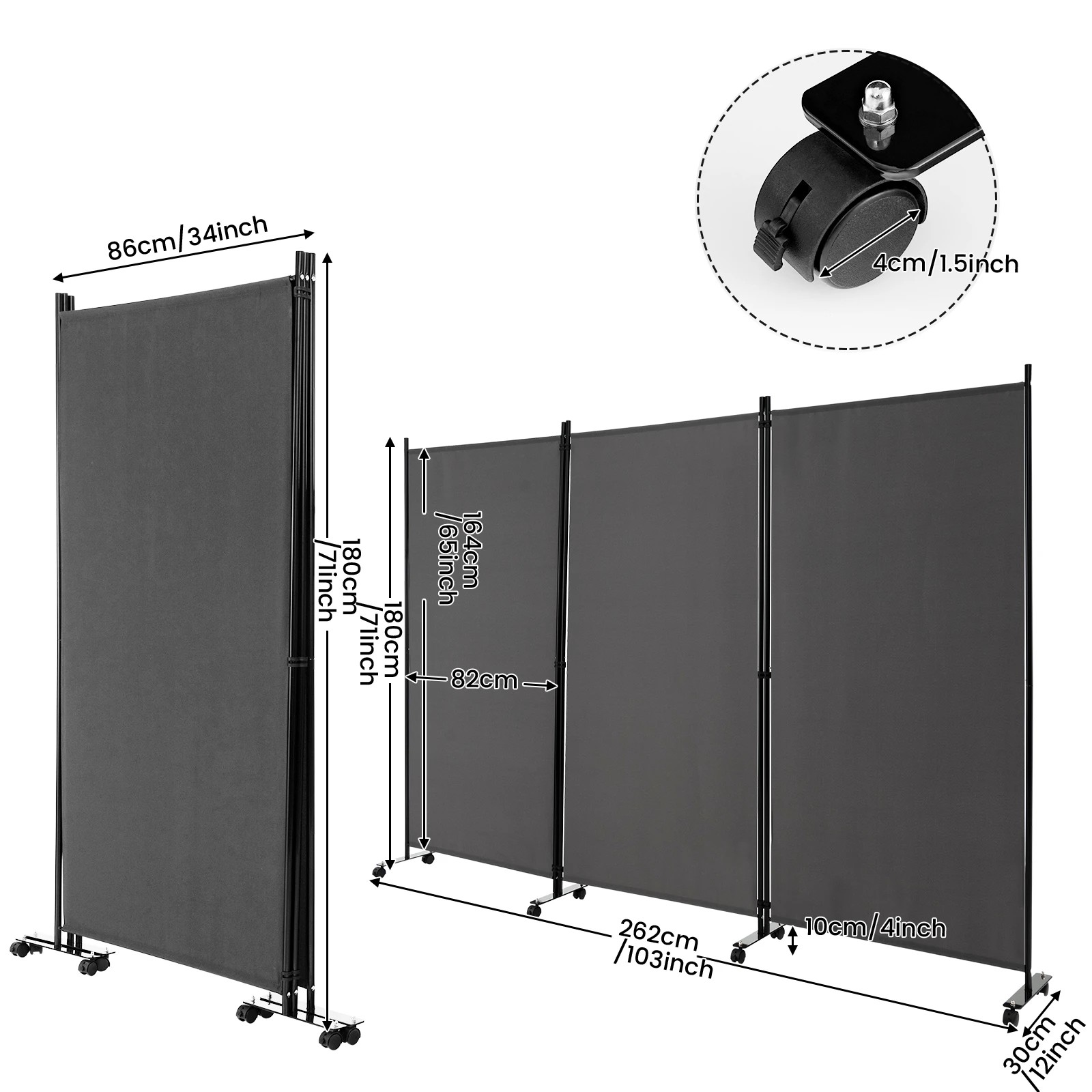 4 Costway 3 Panels Folding Tall Room Divider Mobile Privacy Screen Wall Partition Home Office - Grey, 4 of 4