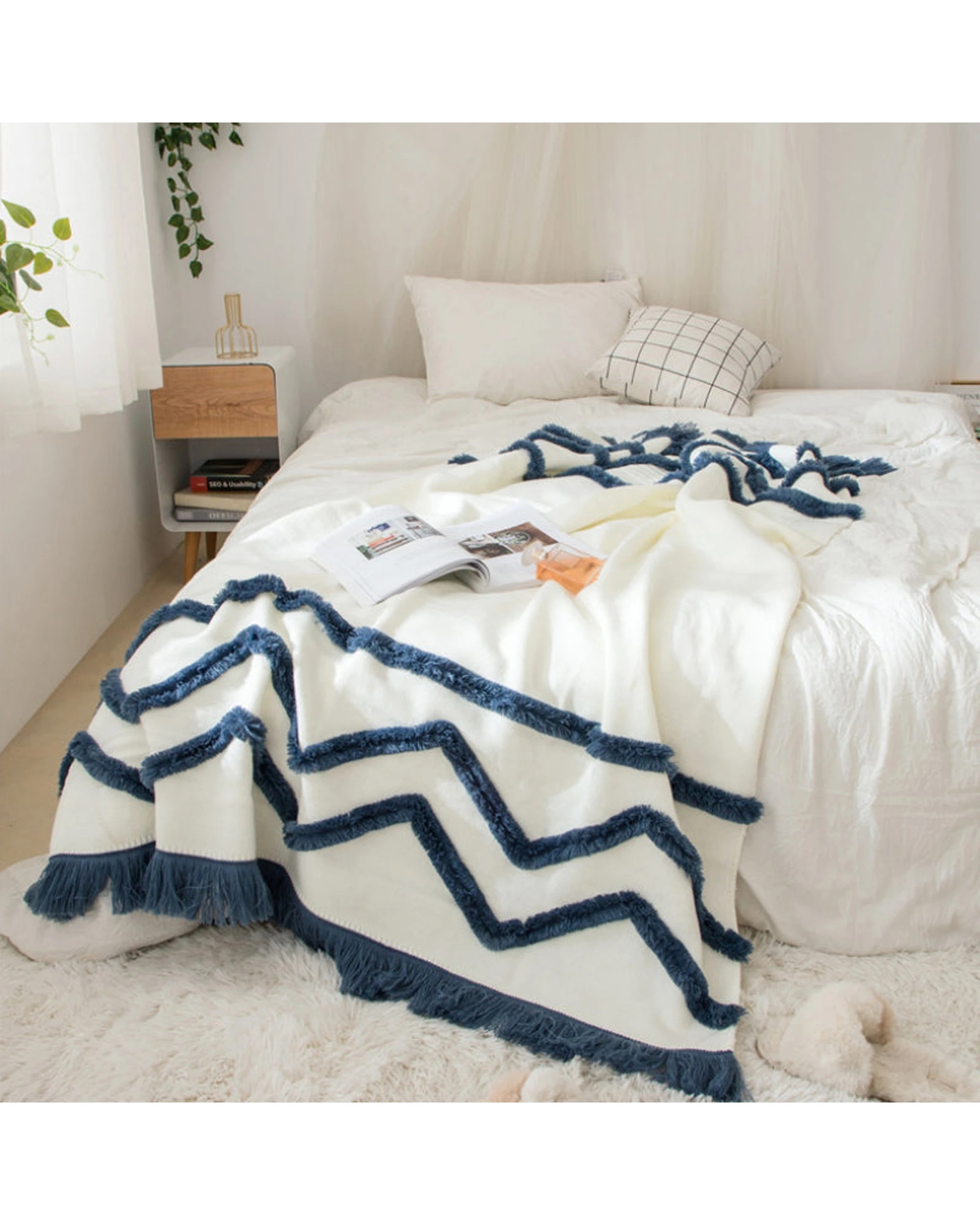2 Cotton More Acrylic Knitted Blanket Tufted Tassel 130x160cm - Blue, 2 of 5