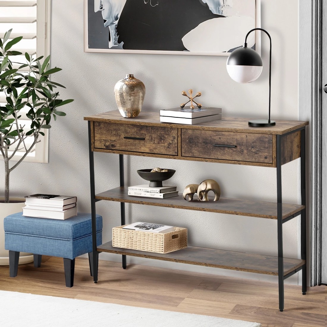 2 Oikiture 3-tier Console Table Wood Sofa Table With 2 Drawers Hall Side Entry
 - Natural, 2 of 10