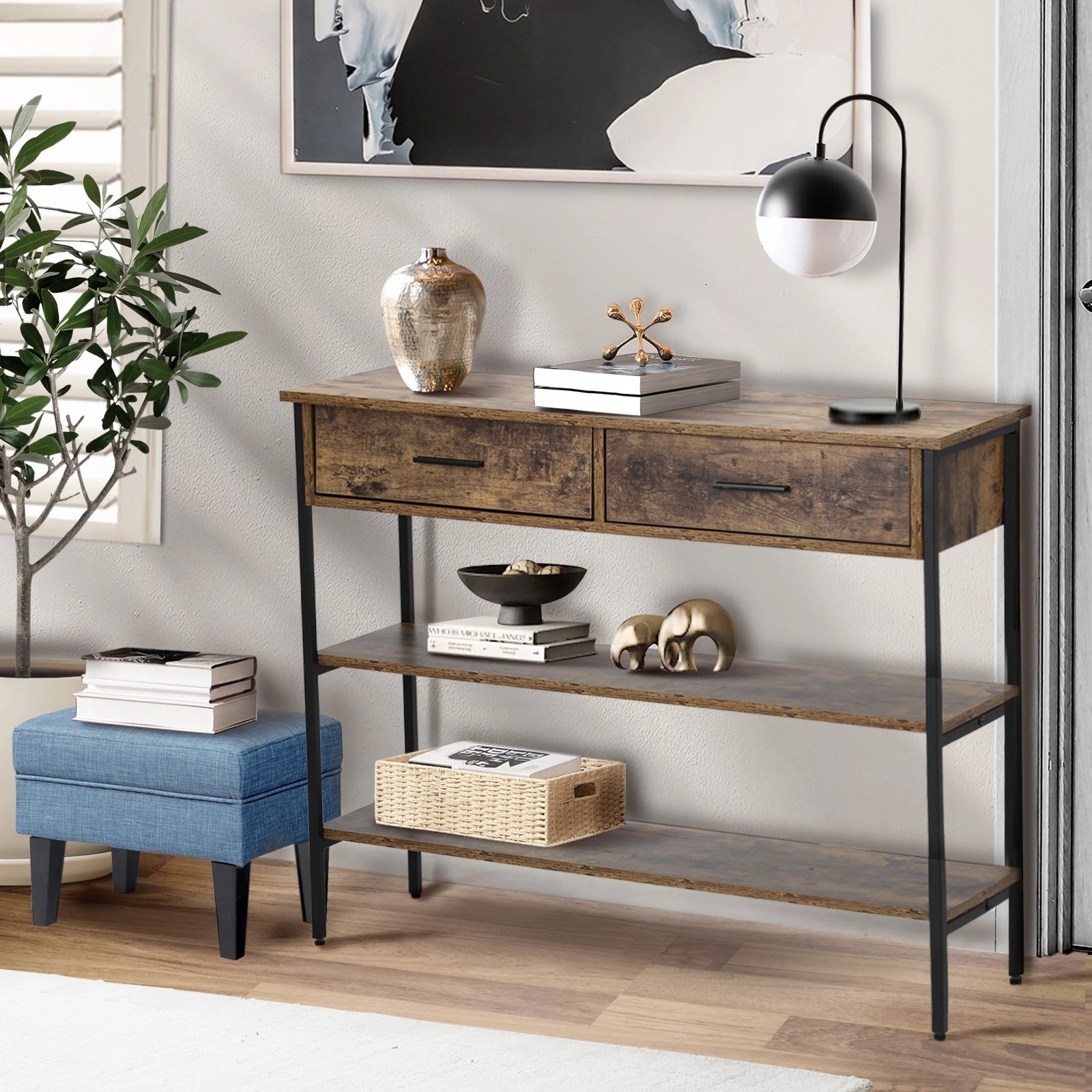 2 Oikiture 3-tier Console Table Wood Sofa Table With 2 Drawers Hall Side Entry
 - Natural, 2 of 10