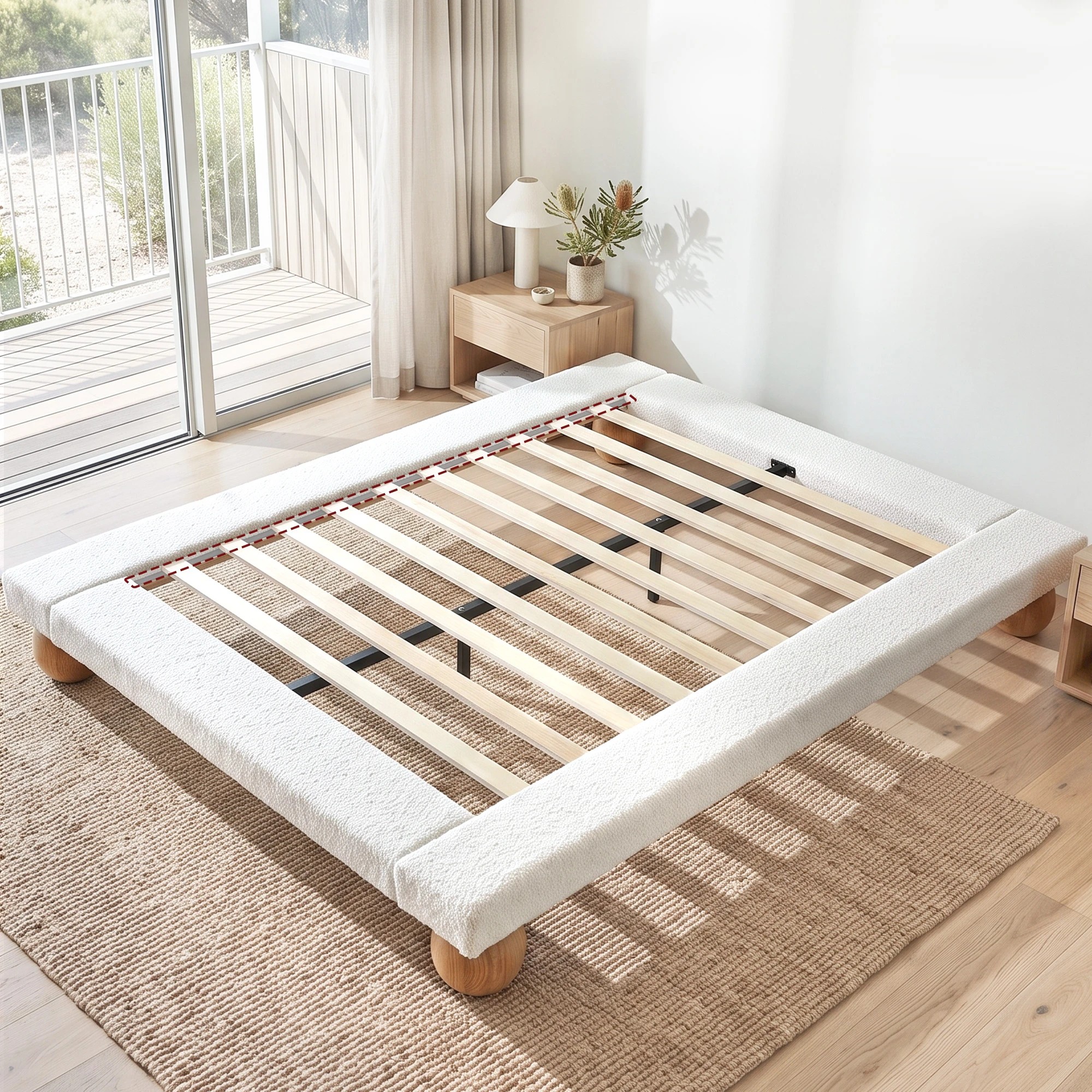 6 Artiss Bed Frame with Boucle Upholstery and Solid Rubber Wood Legs - Queen Bed - Beige, 6 of 10