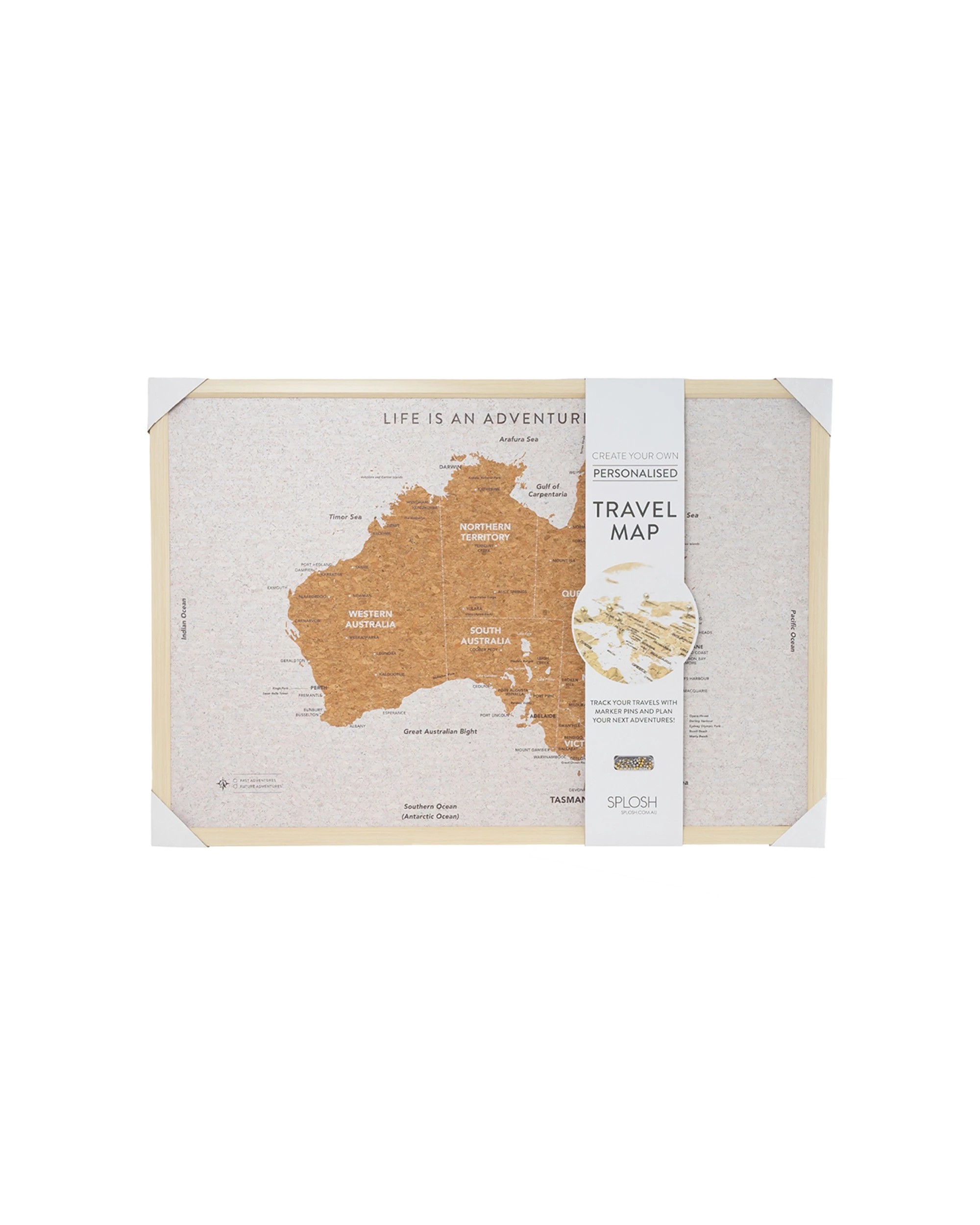 1 Travel 99x70cm Large Australia Map Adventure/trip Framed Cork Board W/ Pins - Brown, 1 of 3