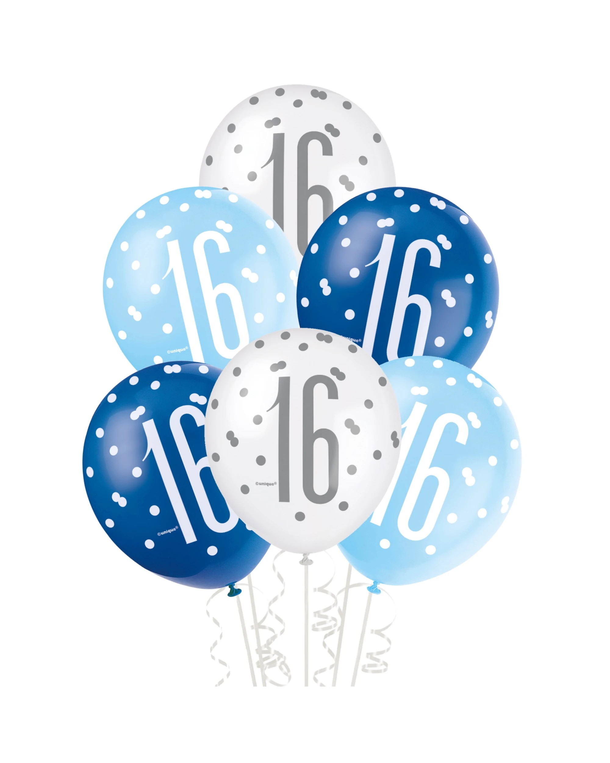 1 Unique & White 16th Birthday Balloons Pack of 6 - Blue, 1 of 2