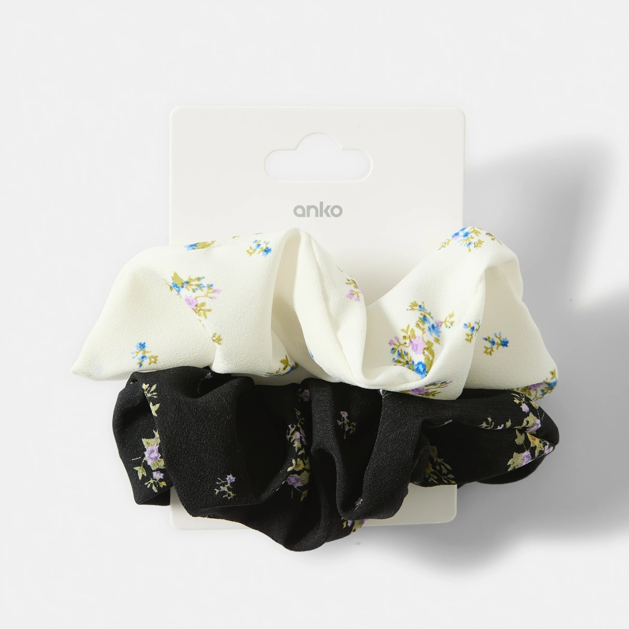 5 2 Pack Mini Flower Print Hair Scrunchies - Black and White, 5 of 5