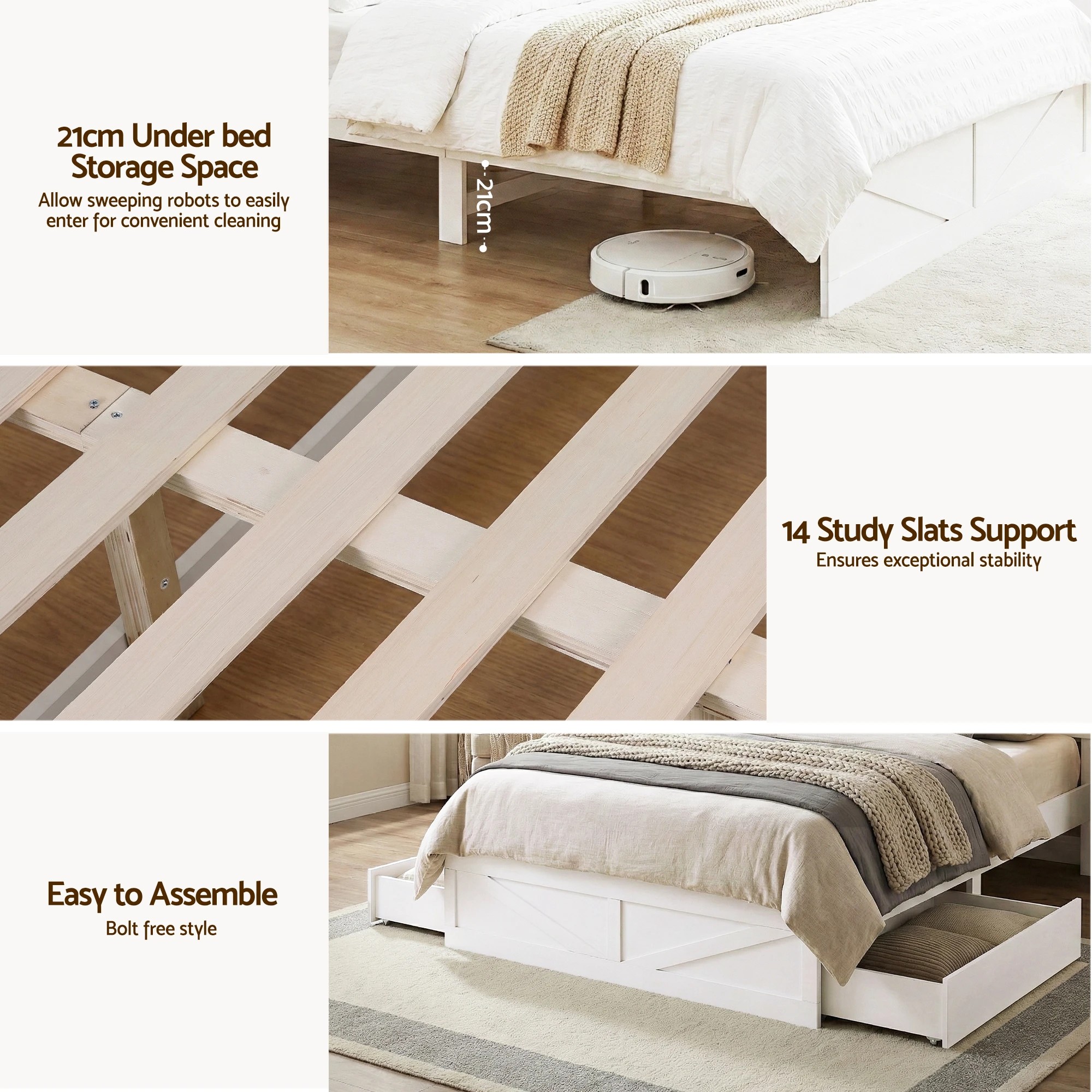 6 Artiss Double Bed Frame with Storage Drawers  Platform Bedframe with Bookcase - White, 6 of 6