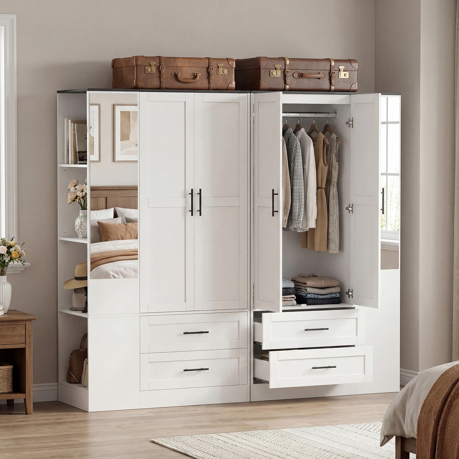 6 Advwin 2 Doors Armoire Wardrobe Closet with Mirror & 4 Open Shelves - White, 6 of 7