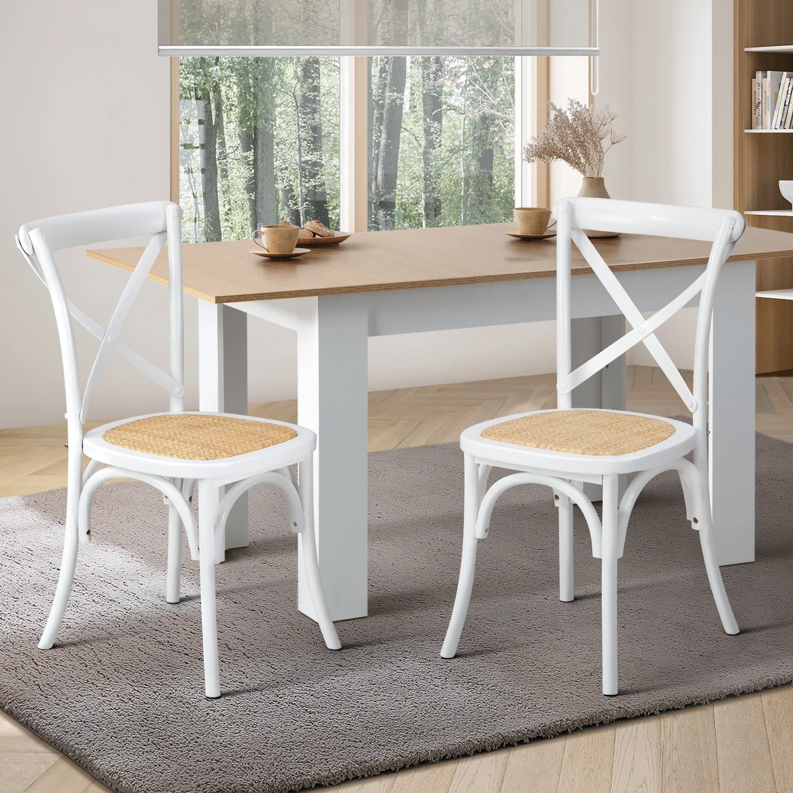 2 Oikiture 2pcs Crossback Dining Chair Solid Birch Timber Wood Ratan Seat
 - White, 2 of 10