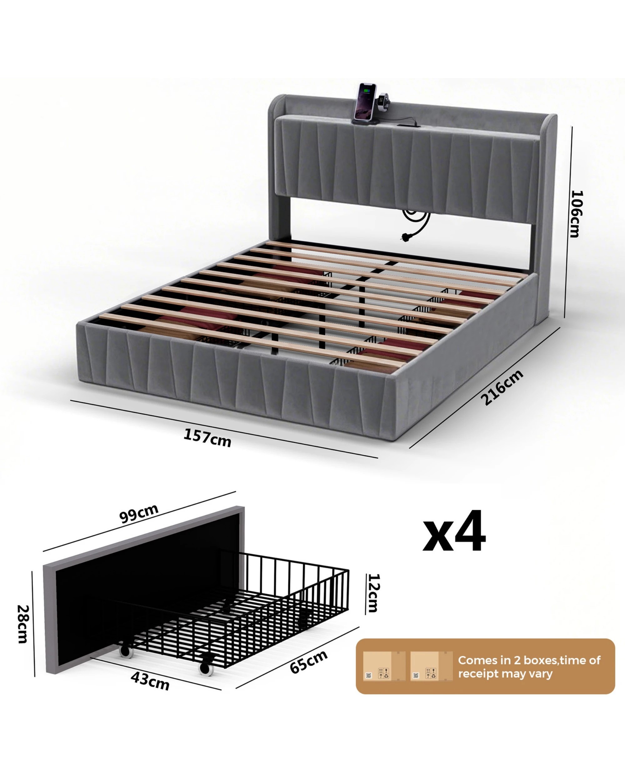 3 Advwin Queen Bed Frame With 4 Storage Drawers & Charging Station Grey, 3 of 7