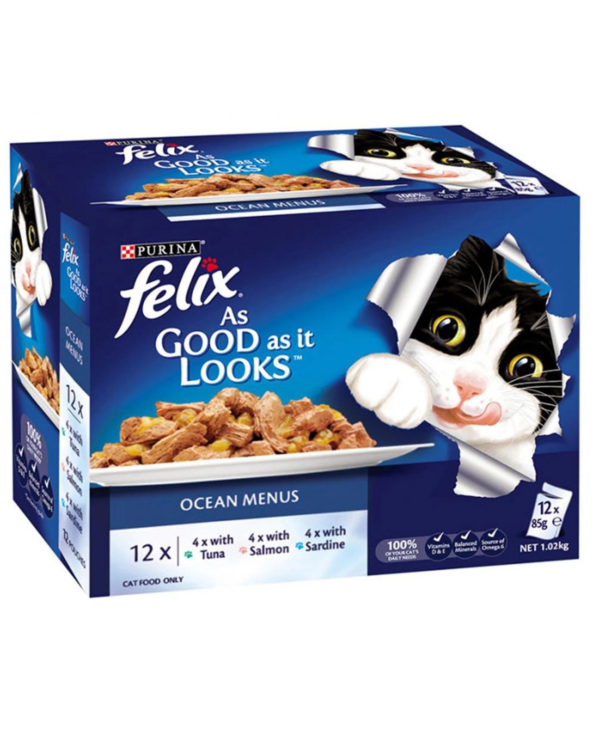 1 Felix Ocean Menus Cat Food Tuna Salmon Sardine 85g x 12, 1 of 1