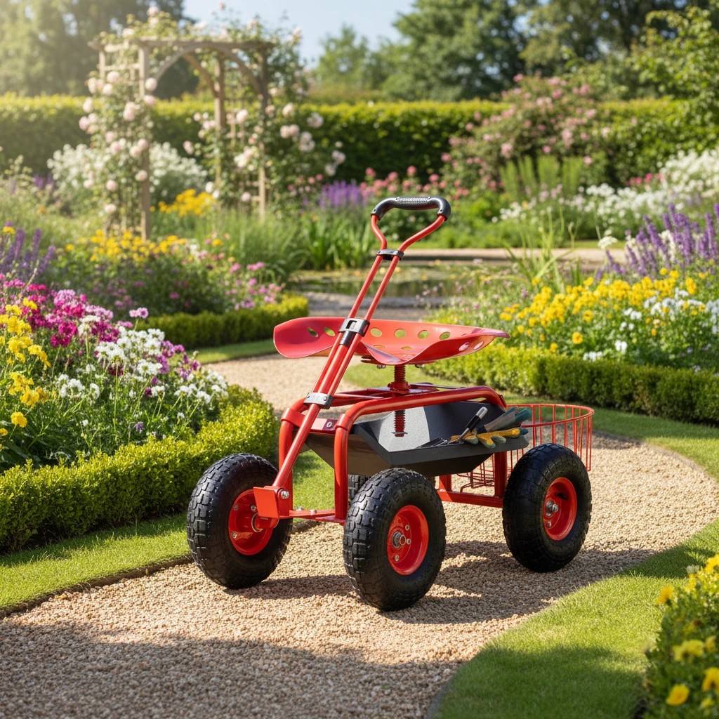 3 Costway Steerable Garden Cart w/Extendable Handle Adjustable Seat & Rubber Wheels Stool Seat - Red, 3 of 3