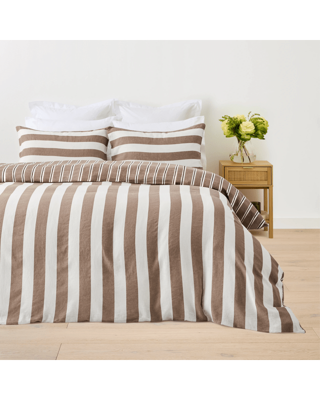 Stripe Linen Cotton Reversible Quilt Cover Set - Queen Bed, Tan and Off W