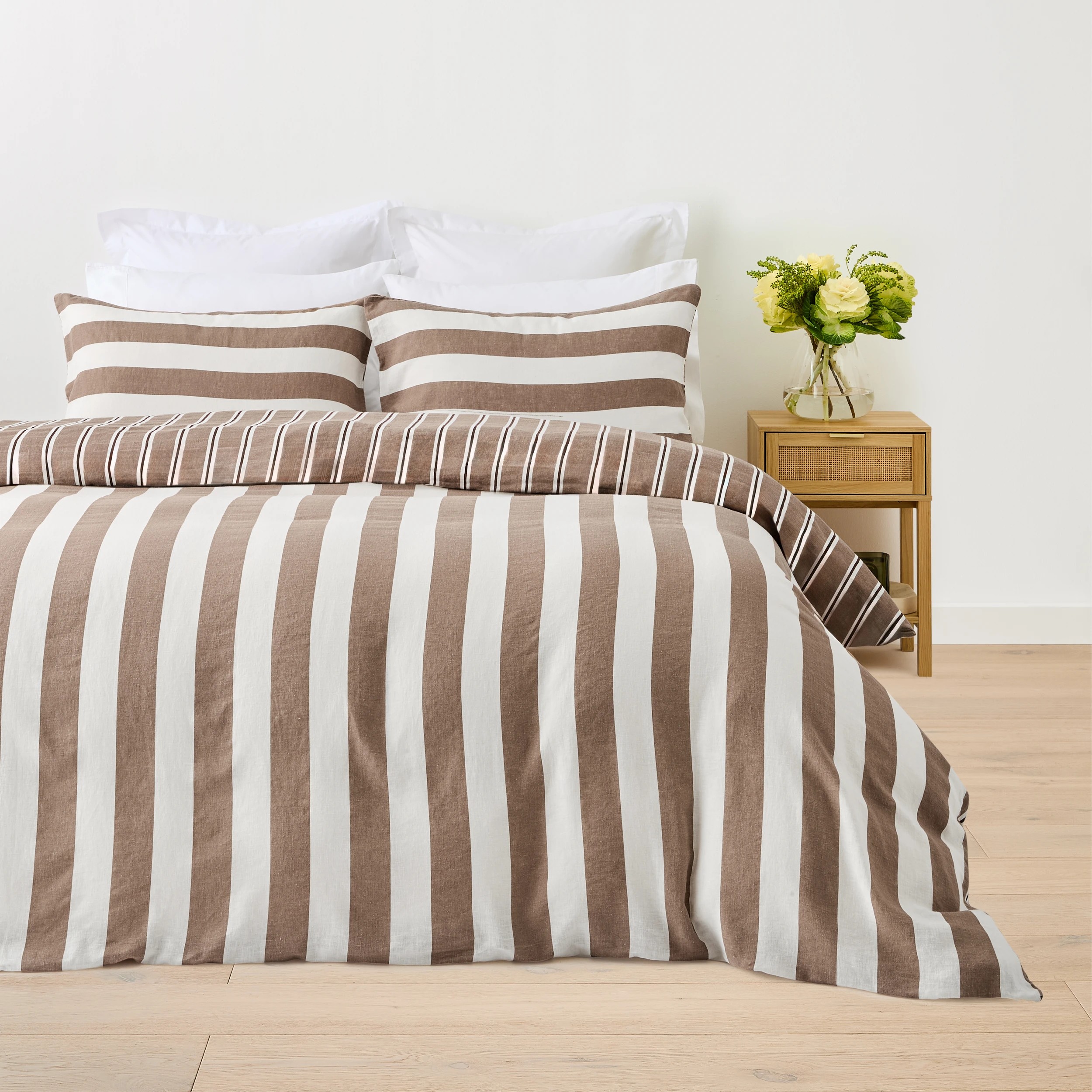 1 Stripe Linen Cotton Reversible Quilt Cover Set - Queen Bed, Tan and Off White, 1 of 8