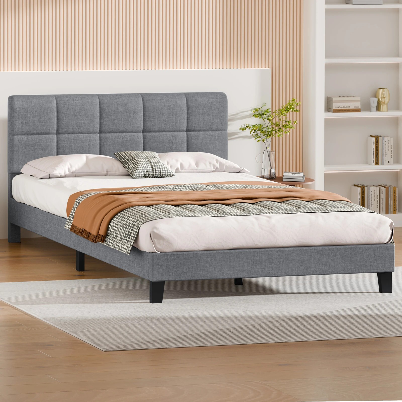 4 Alfordson Bed Frame King Size Wooden Slats Platform Fabric Paula - Grey, 4 of 9