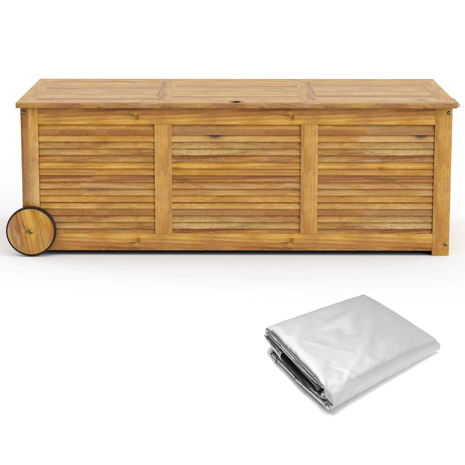 1 Costway 182L Acacia Wooden Patio Storage Deck Box w/Wheels Garden Organizer - Natural, 1 of 1