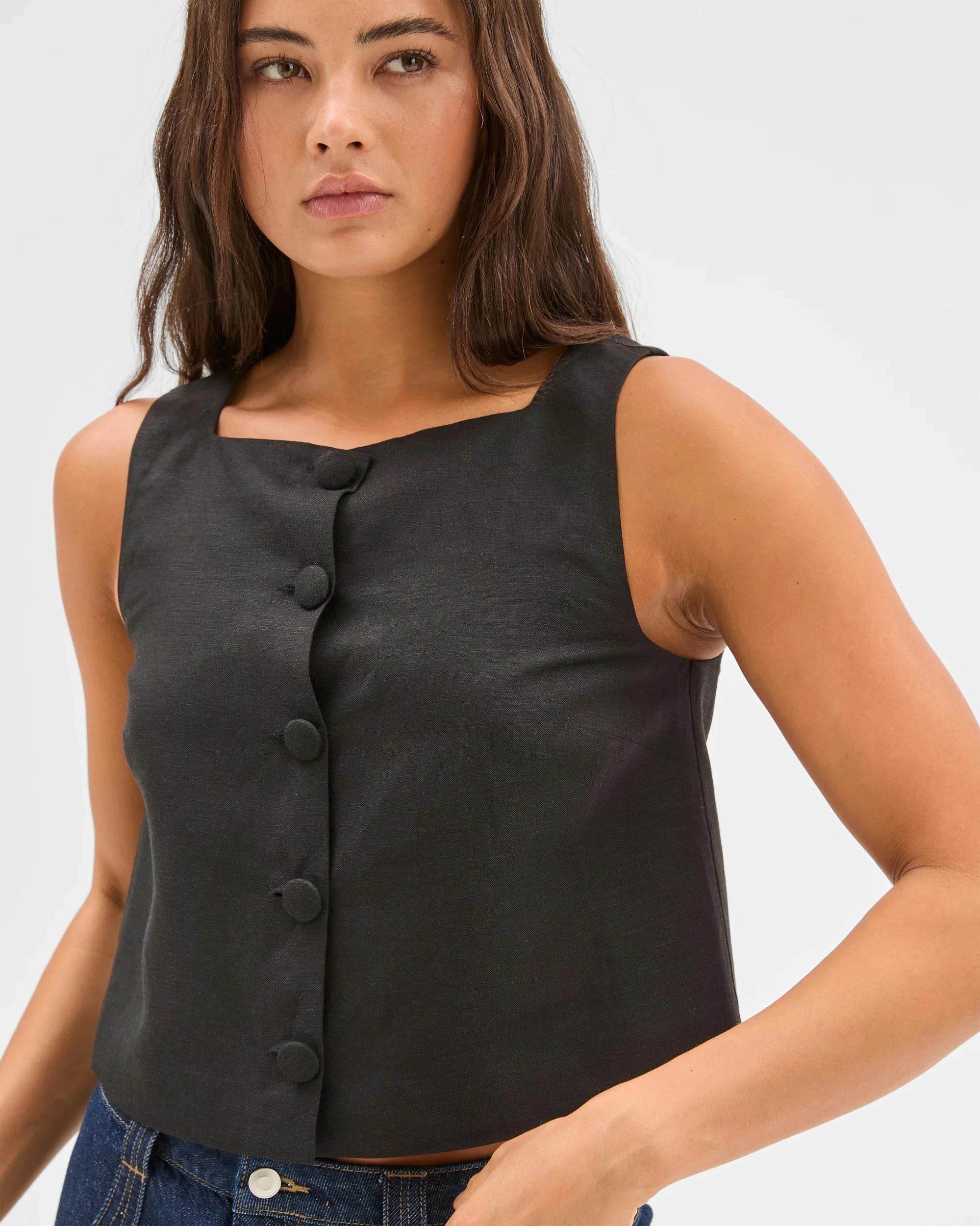 4 European Linen Blend Button Through Shell Top - Lily Loves BLACK, 4 of 6