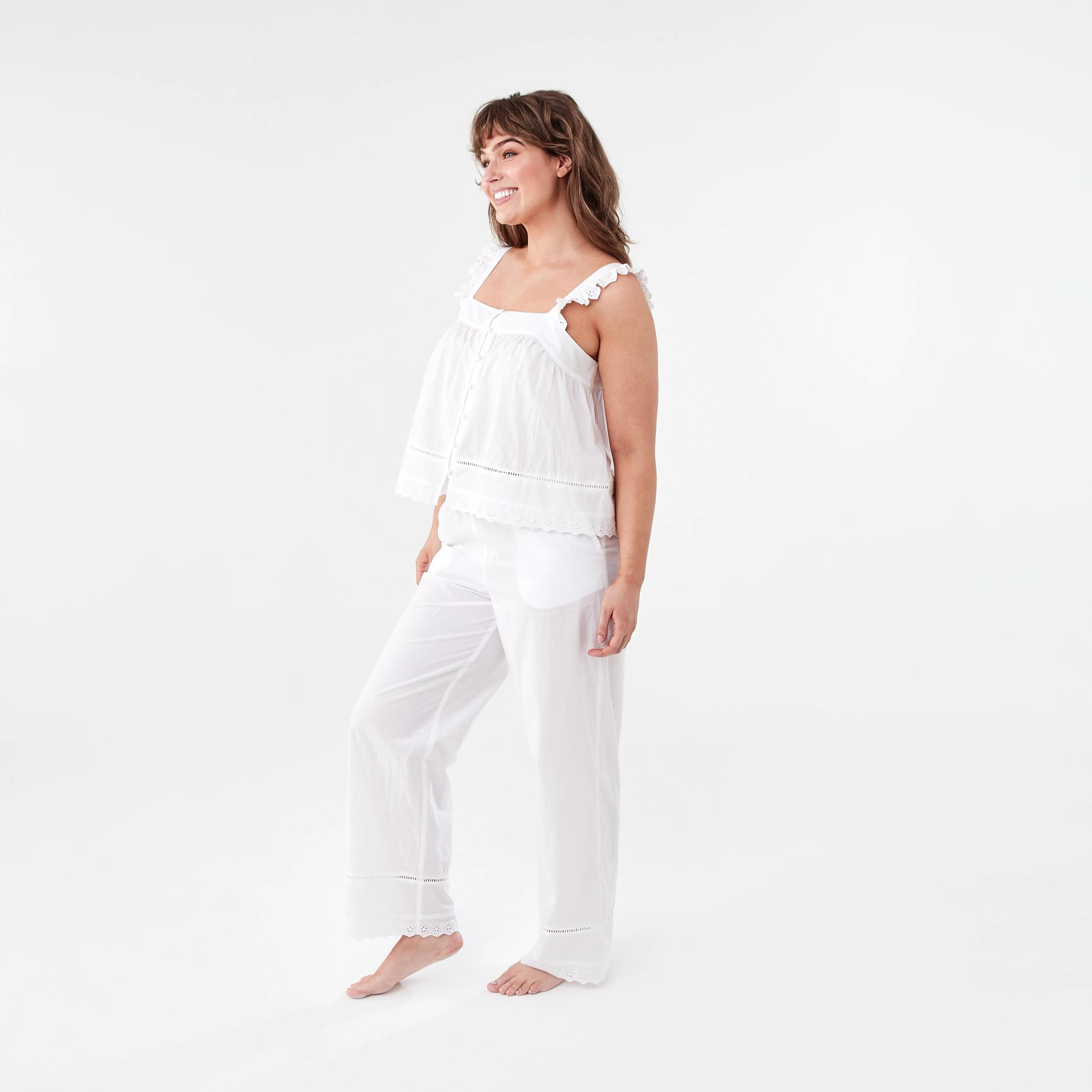 2 Sleeveless Broderie Top and 3/4 Pants Pyjama Set White, 2 of 9