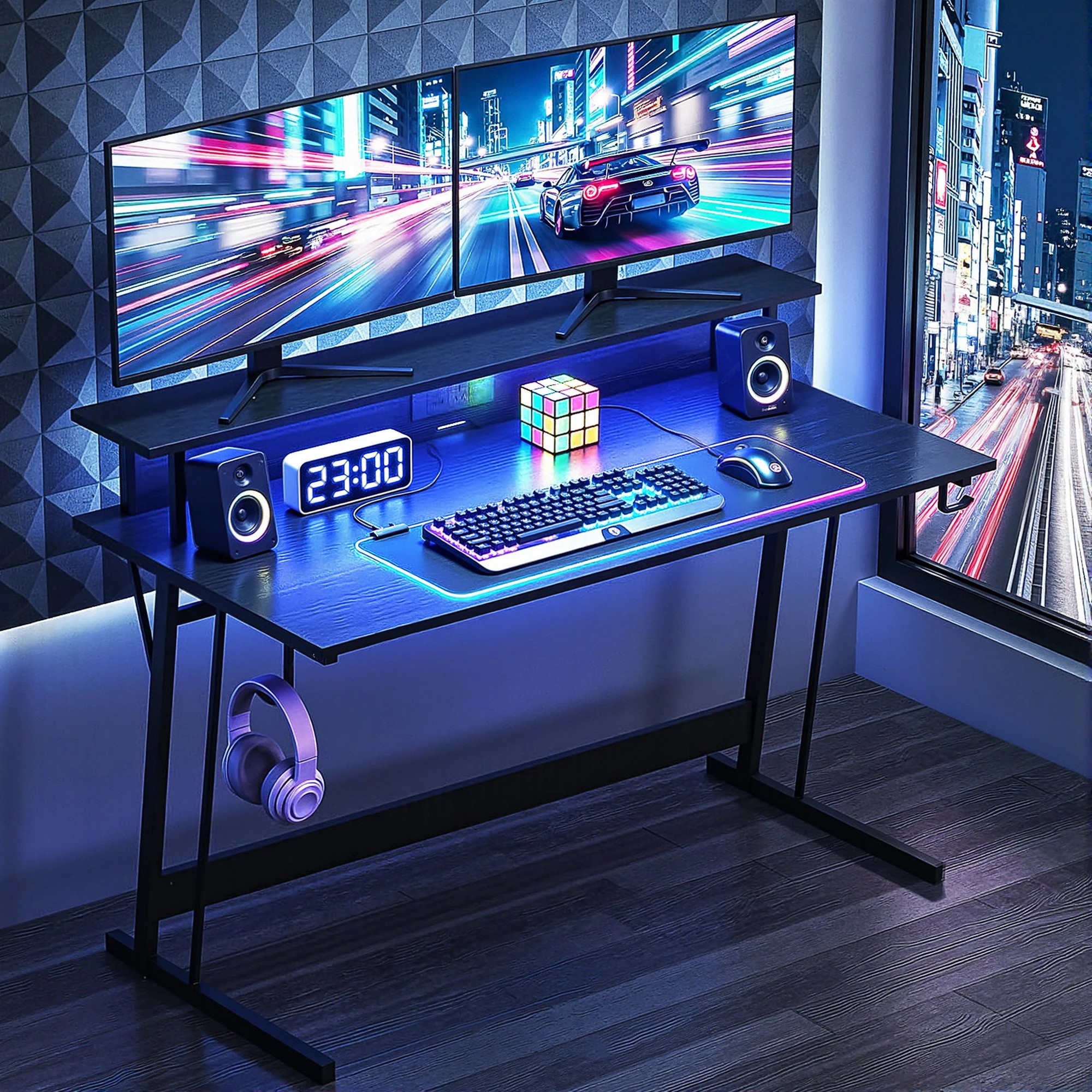 4 Artiss Gaming Desk with LED Lights Computer Desk Table with Monitor Shelf Power 120cm - Black, 4 of 4