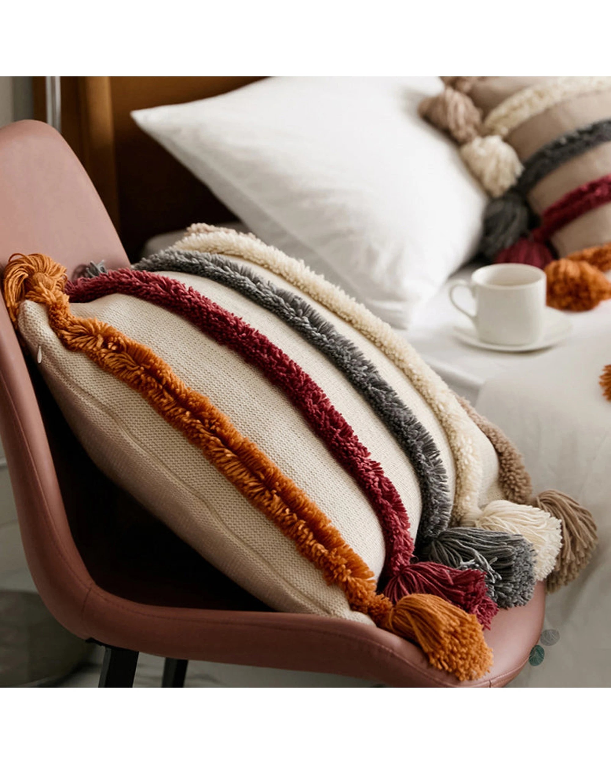 4 Cotton More Acrylic Knitted Tufted Tassel Style Cushion Pillow Cover 45x45cm - Beige, 4 of 4